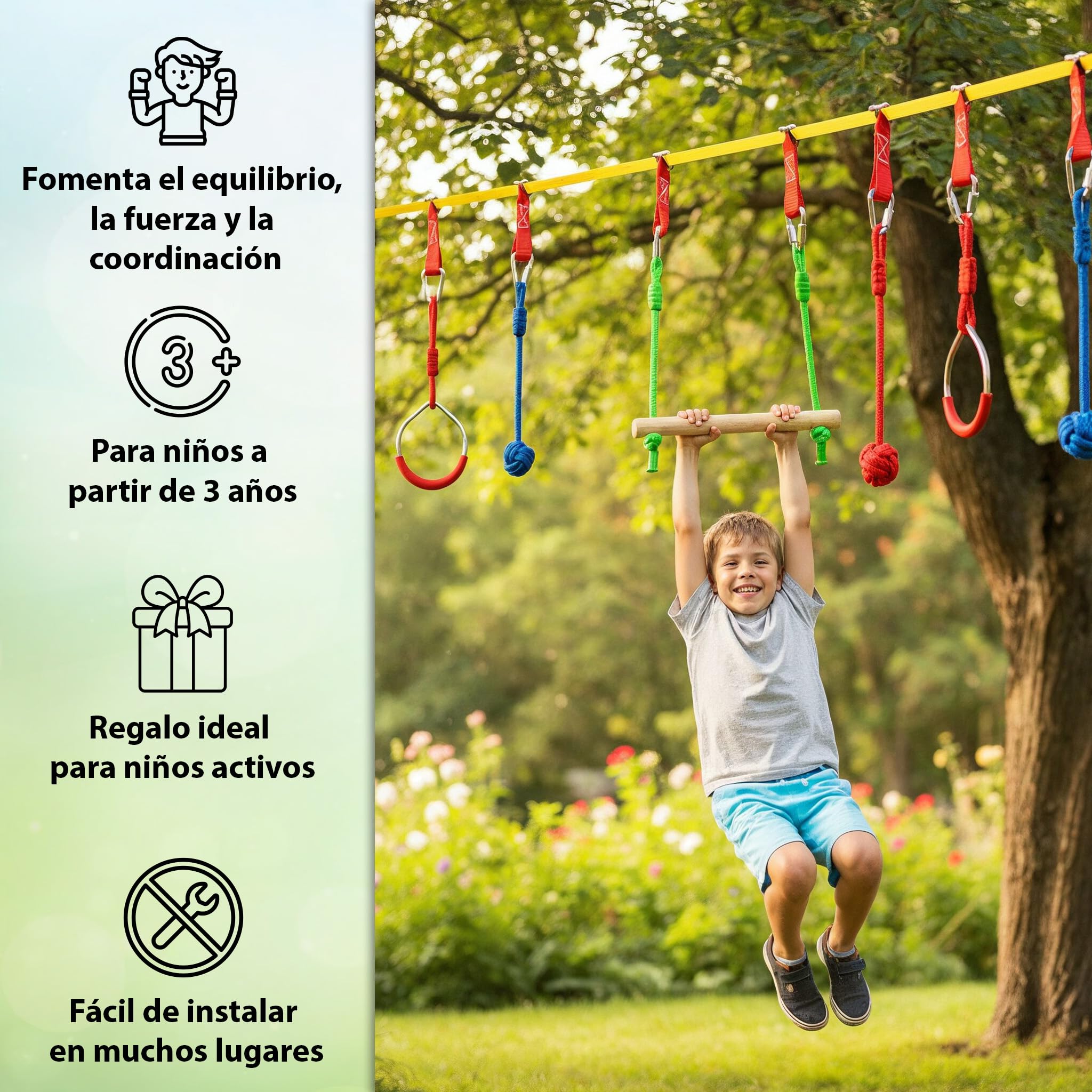 ALPIDEX Ninja Niños Slackline Obstacles Set Anillos Gimnasia Nudos Cuerda Accesorios Escalada Curso Extensible MAX