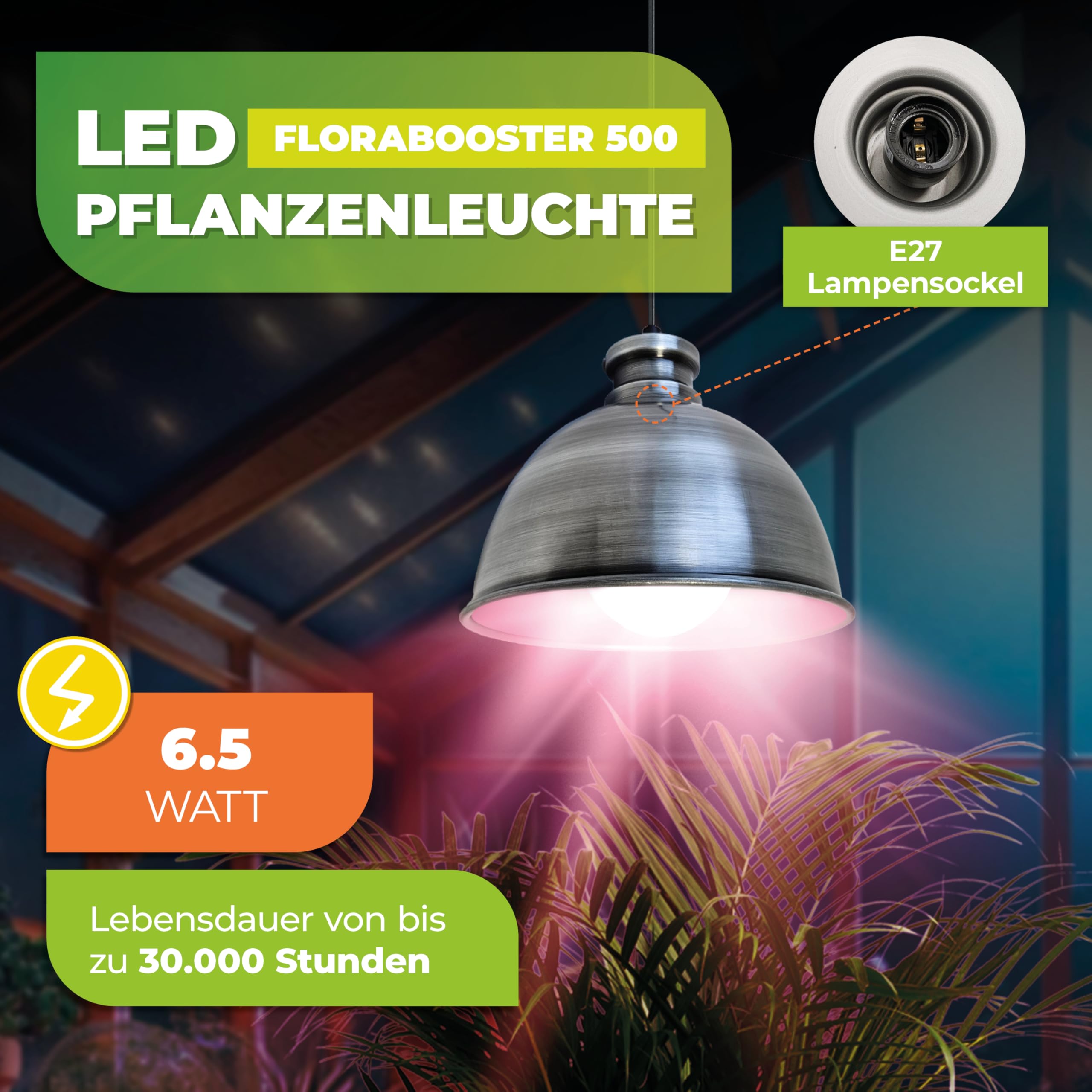 Bio Green Pflanzenleuchte FLORABOOSTER 500 - Zink | LED Vollspektrum | Maximales Wachstum | Gewächshauslampe | Grow Light für Gemüse- & Zimmerpflanzen