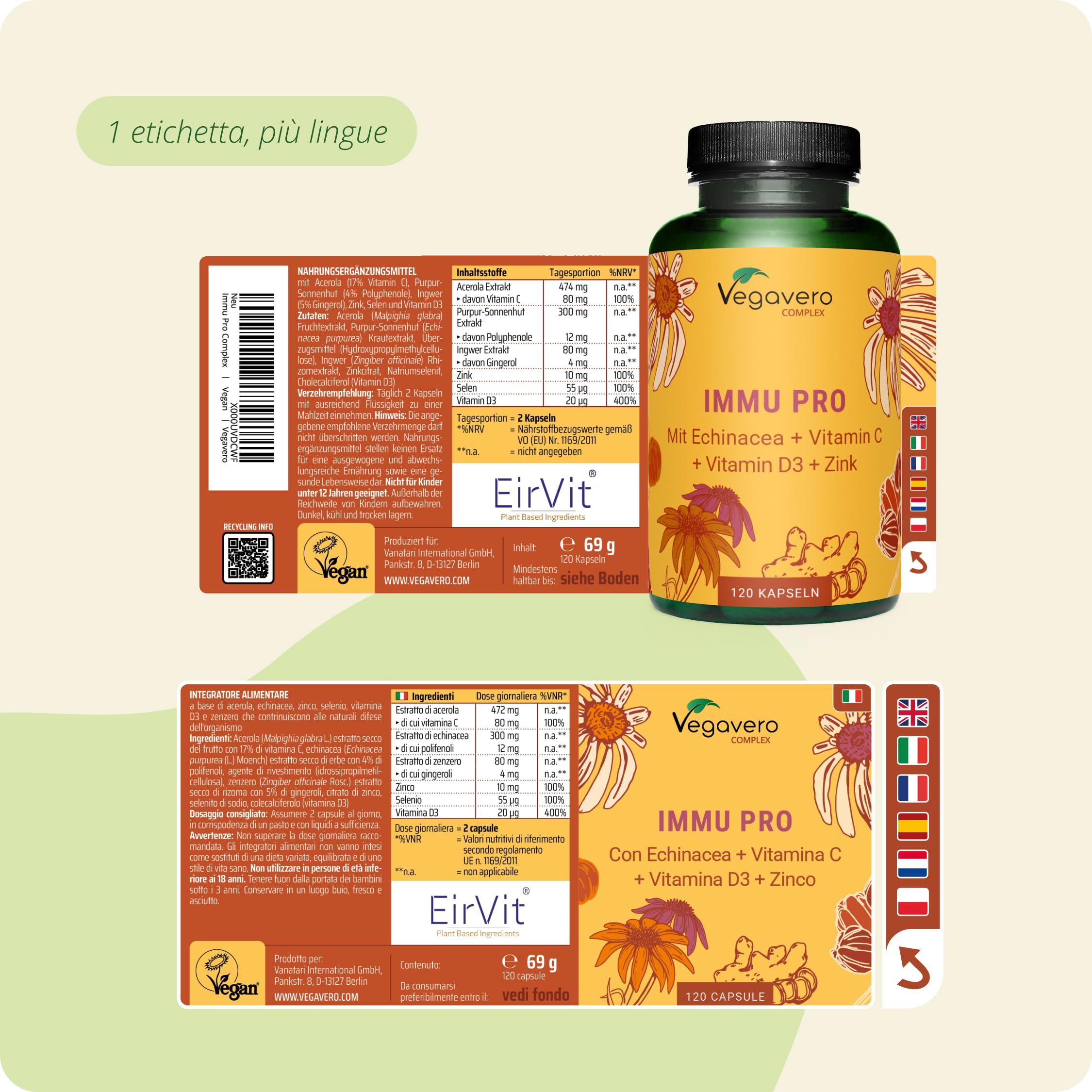 Vegavero Difese Immunitarie Adulti | 120 capsule | con Echinacea, Vitamina C, D3, Zinco e Selenio | Senza Additivi e Certificato in Laboratorio | Rinforzo Sistema Immunitario