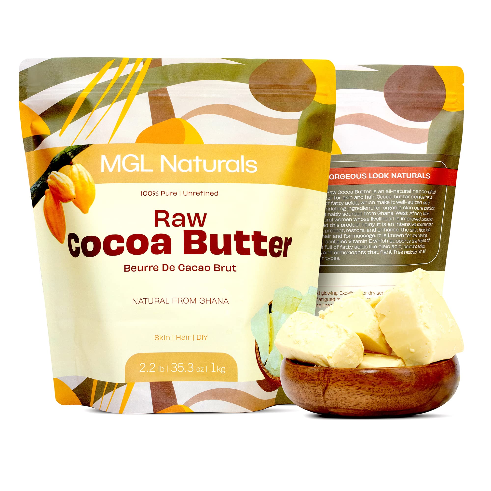 MGL Naturals Raw Cocoa Butter 100% Pure, Unrefined and Raw. Use alone or for DIY whipped butters, creams, soaps, lotions. Nourish and moisturize skin. For stretch marks. Chunks (2.2 lb)