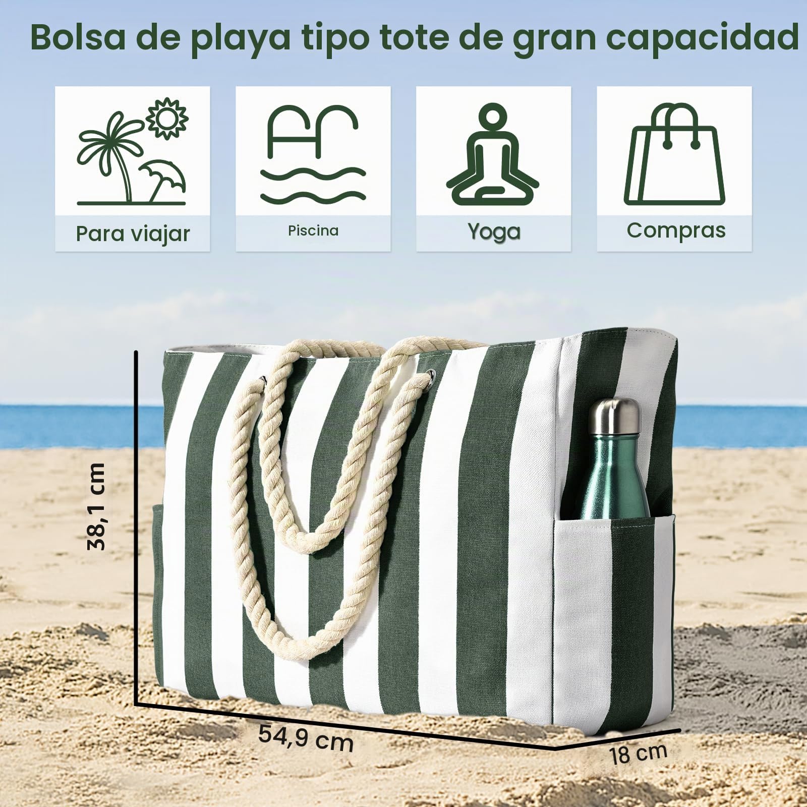 Becokan Bolsa de natación para mujer, impermeable, a prueba de arena, grande, a rayas, con cremallera