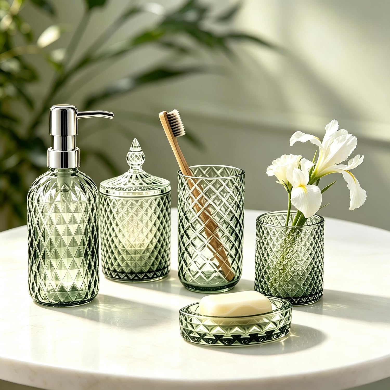 Green Bathroom Accessories Set 5 Pcs, Vintage Bathroom Accessory Set