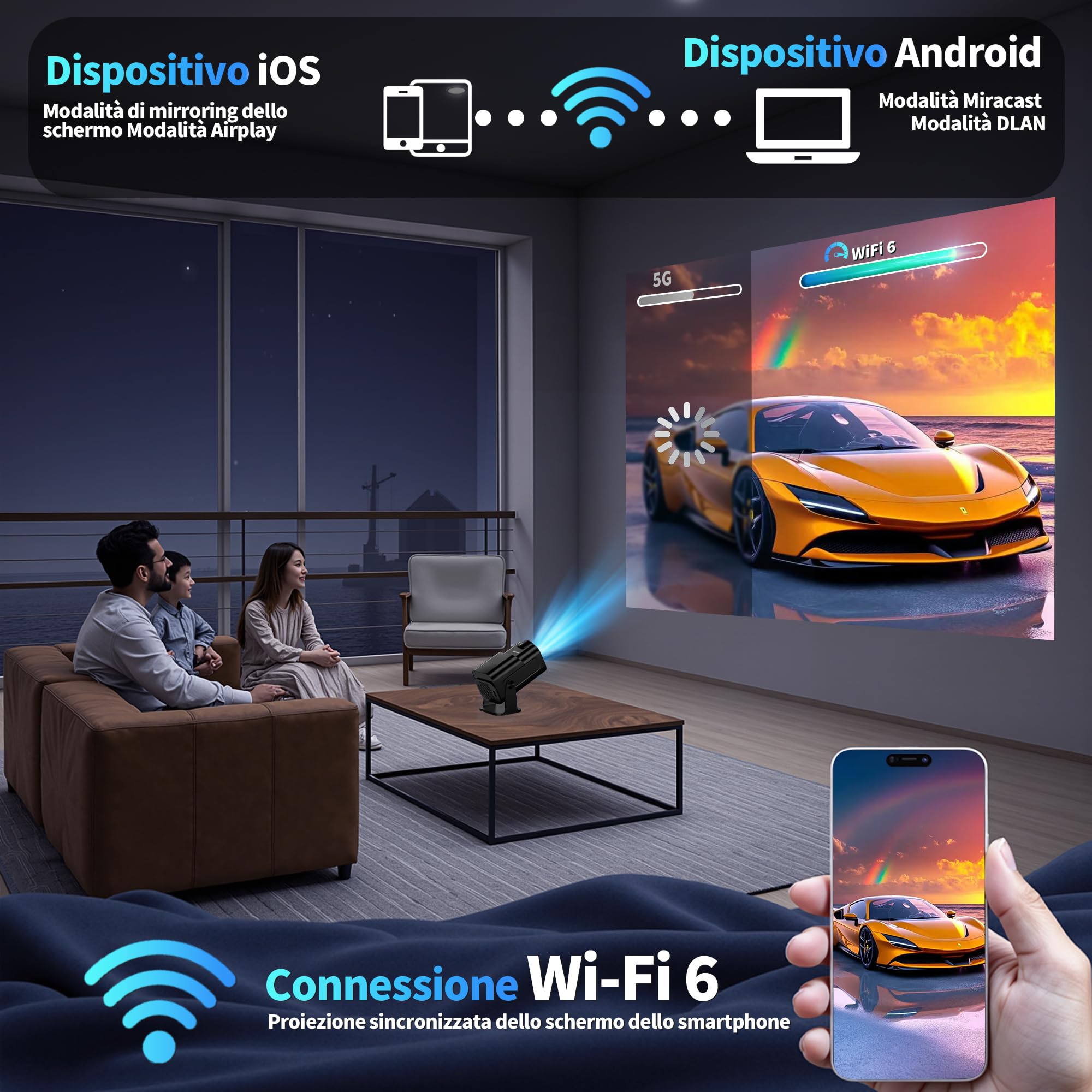 Proiettore 1080P 4K WiFi 6 Bluetooth 5.2 Mini Portatile con Rotativo 270° Auto Keystone Nero