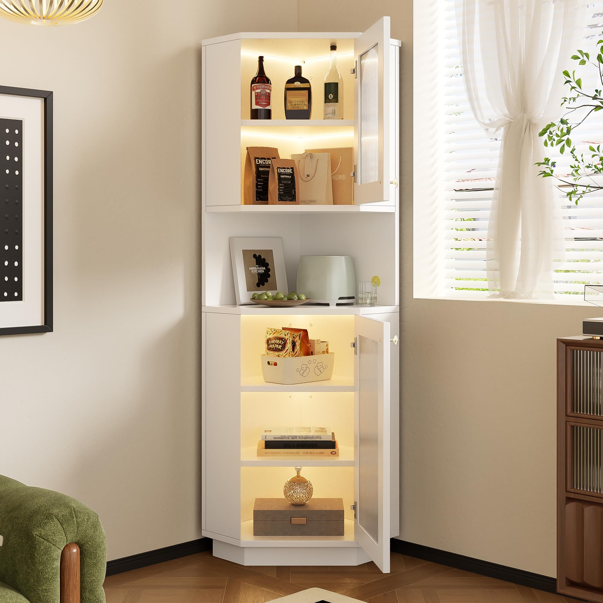 TIZZ Armario de baño 45 x 45 x 166,5 cm con barra de luz, mueble de baño, armario esquinero con dos estantes, compartimento abierto con estantes ajustables, color blanco
