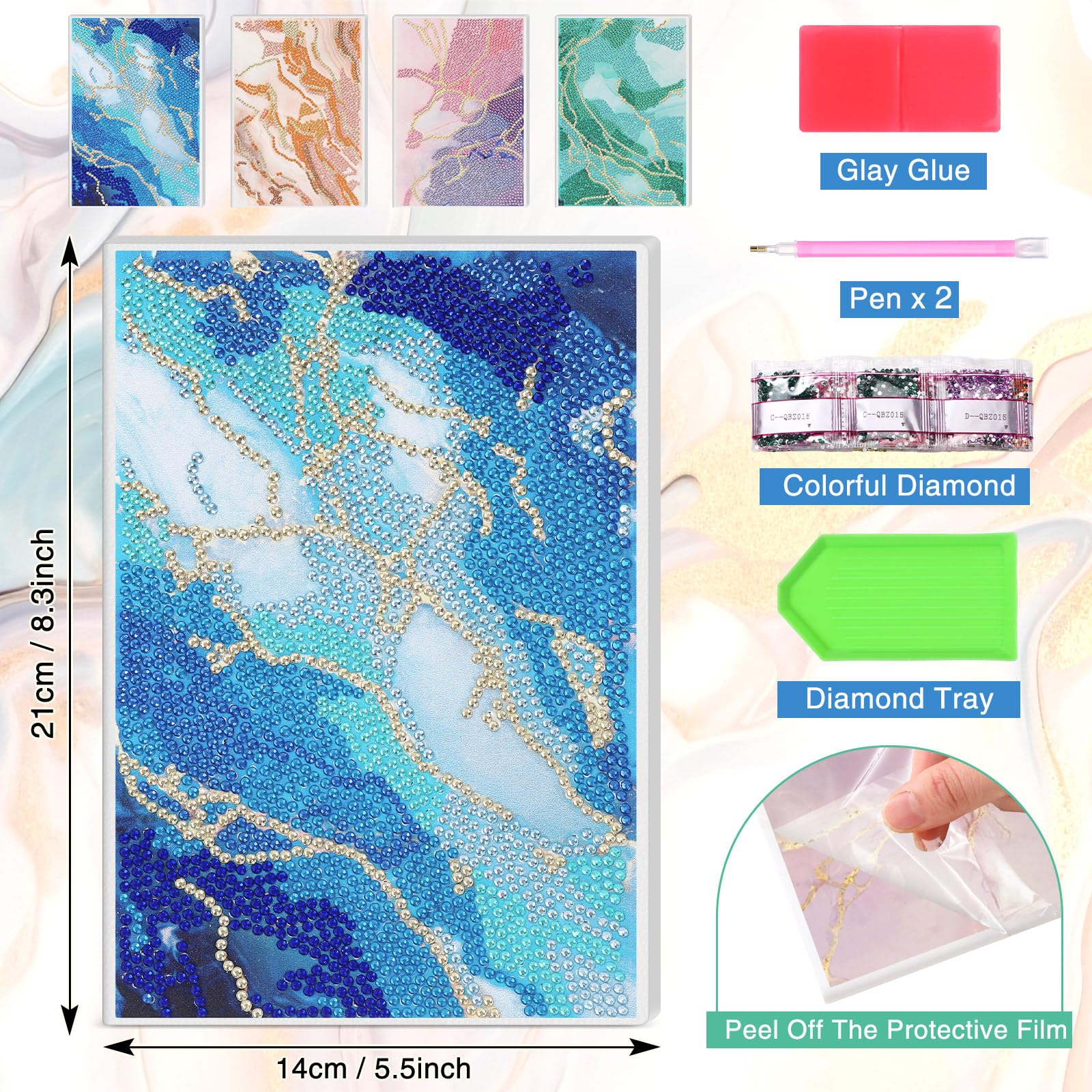Mooliwe 4 cuadernos de pintura de diamantes 5D para adultos, diario de arte de diamantes, juegos de arte de diamantes, juegos de arte de diamantes, A5, cuaderno de bocetos de pintura de cuero,