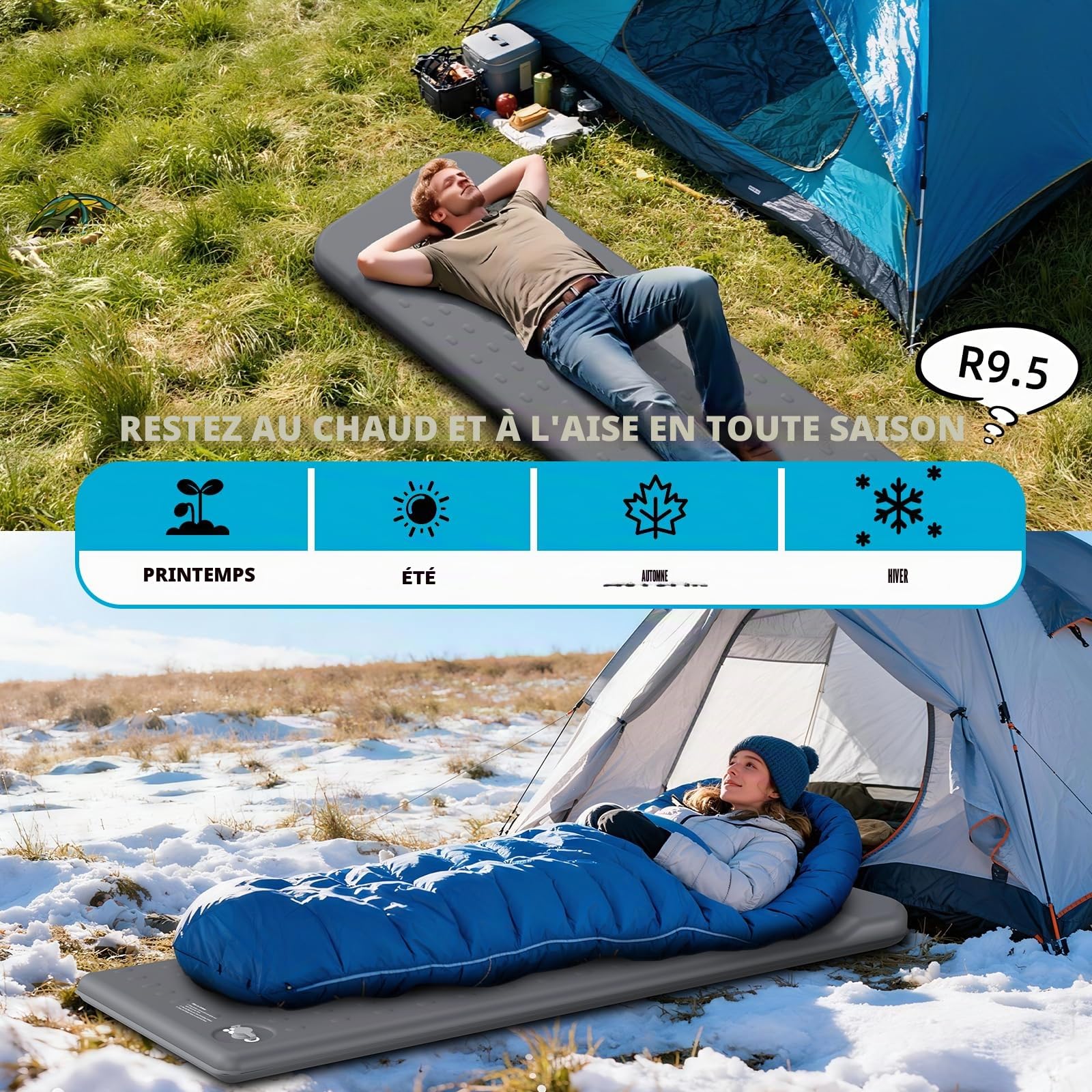 Kasimo Tapis de couchage à mémoire de forme pour camping, 7,6 cm, compact en mousse ultra épaisse avec oreiller, matelas de camping isotherme de 9,5 R ou voiture, voyage, tente de randonnée, maison