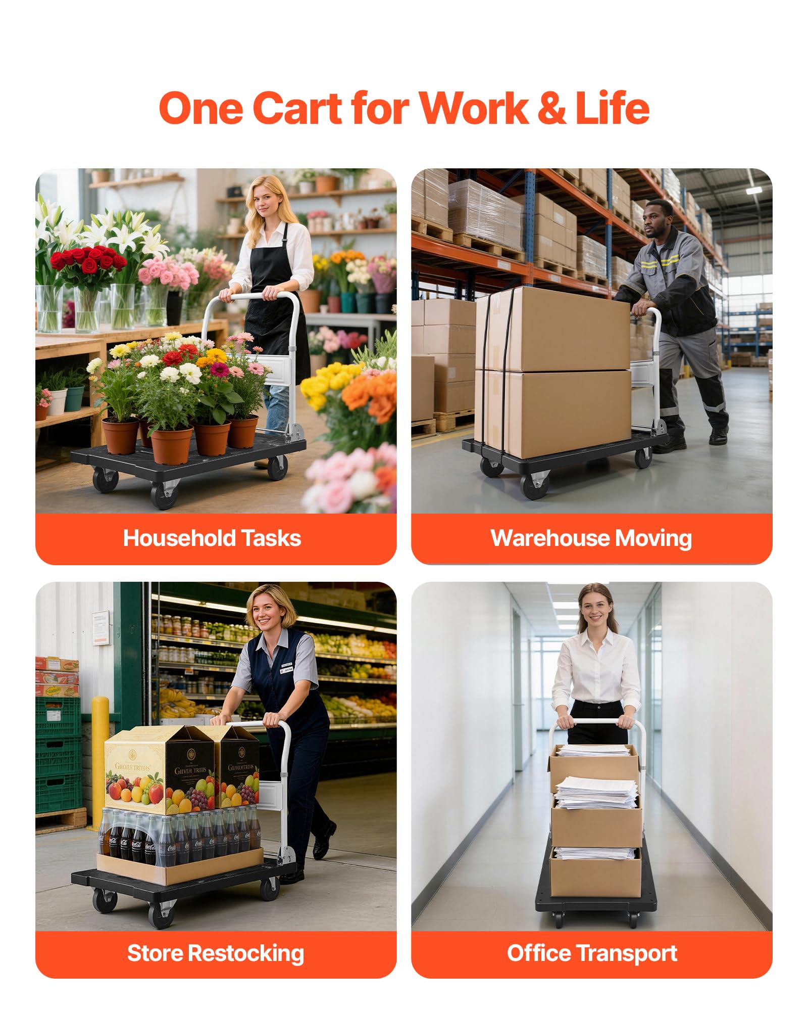 VEVOR Carro Plataforma Plegable 895 x 595 mm, Carretilla de Transporte Carga de 299,37 kg, Carrito Portaequipajes con Plataforma con Ruedas de 127 mm, Asa de Empuje para Tareas Domésticas, Almacén