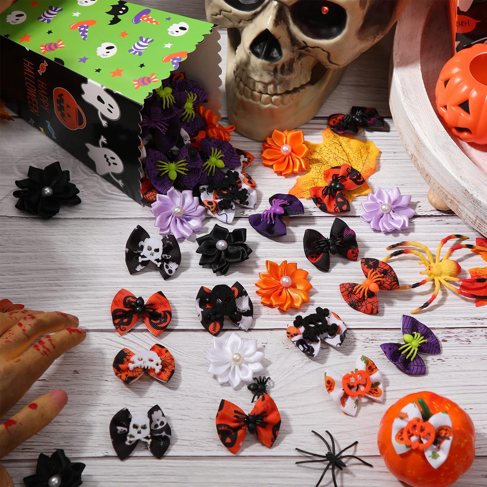 Xuniea 120 Pezzi Fiocchi di Pelo di Cane di Halloween con Elastici Fiocco di Fiori Fiocchi per Capelli di Cane Yorkie Fiocchi di Strass Perle Accessorio per Toelettatura di Cucciolo Piccolo
