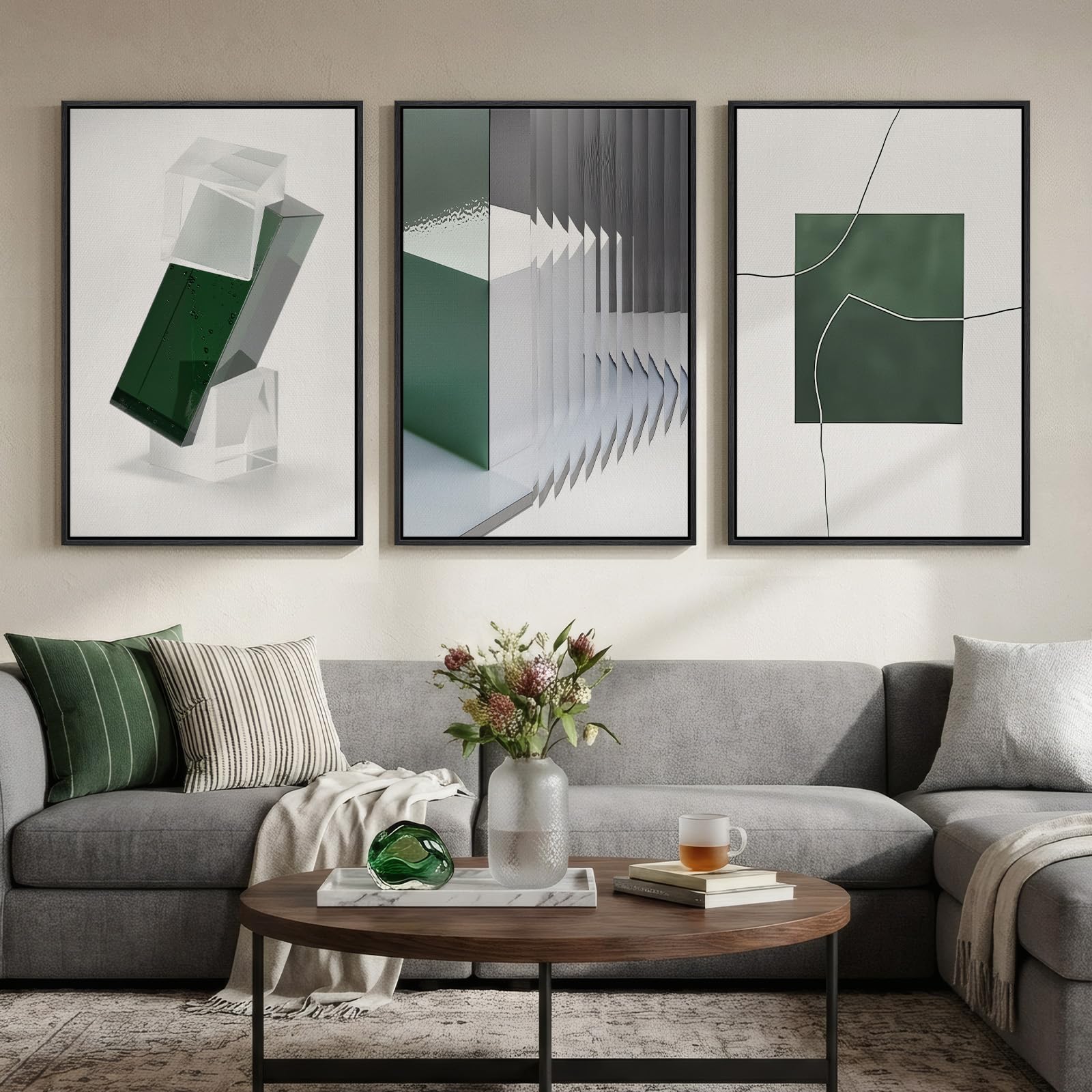 Deep Sage Green Framed Triptych