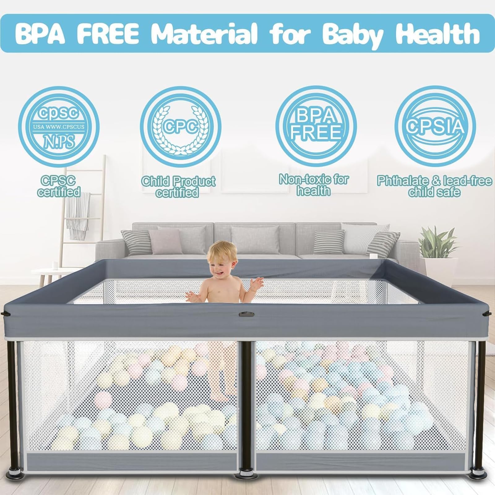 Parc pliable pour bébé avec matelas, intérieur et extérieur, gris, 180 x 127 cm | Design pliable innovant, filet respirant avec vision à 360°, fermeture éclair extérieure, Oxford 300D, sac de transport