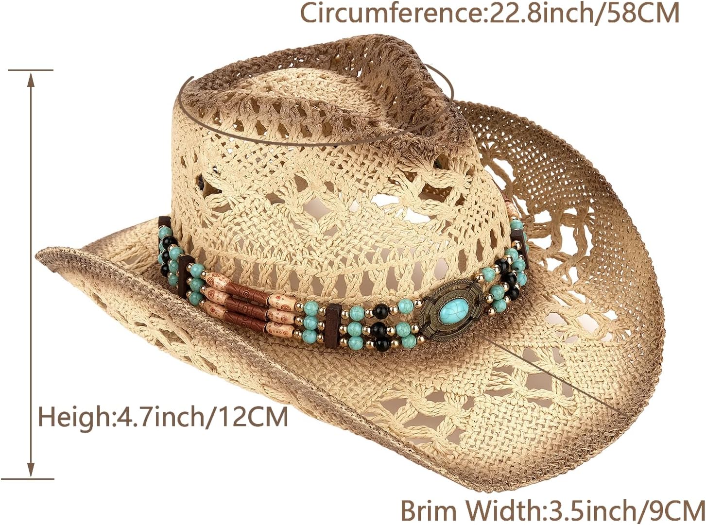 Men's Women's Straw Cowboy Hat Cowgirl Woven Sun Hat Western Cowboy Hat Two Decorative Bands - Image 6