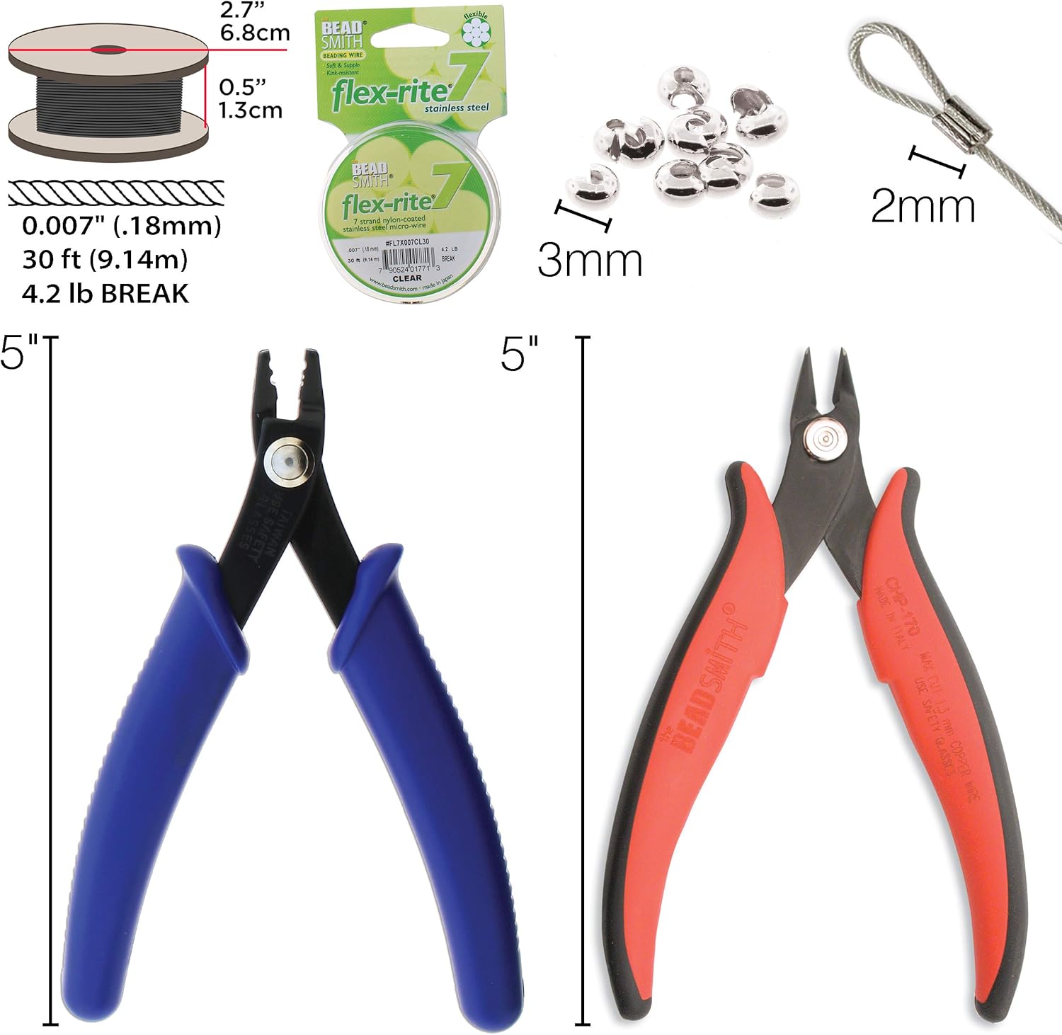 The Beadsmith Crimper Mega Kit, Includes Crimp Forming Pliers, Cutter, 2x2mm Crimp Tubes, 3mm Crimp Bead Covers & 7-Strand FlexRite Wire, Create Rounded Crimps Every Time, No Sharp Edges