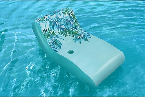 Miniatura 5 de H2OGO! Blissful Drifter Lounge - 69 x 42 pulgadas, patrón tropical azul-amarillo, flotador inflable para piscina, cubierta UPF extraíble lavable,