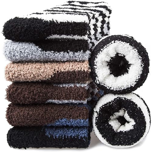 YSense 6 Pairs Mens Fuzzy Fluffy Slipper Socks, Winter Warm Thick Soft Cabin Stocking Comfy Sleep Plush Fleece House Socks