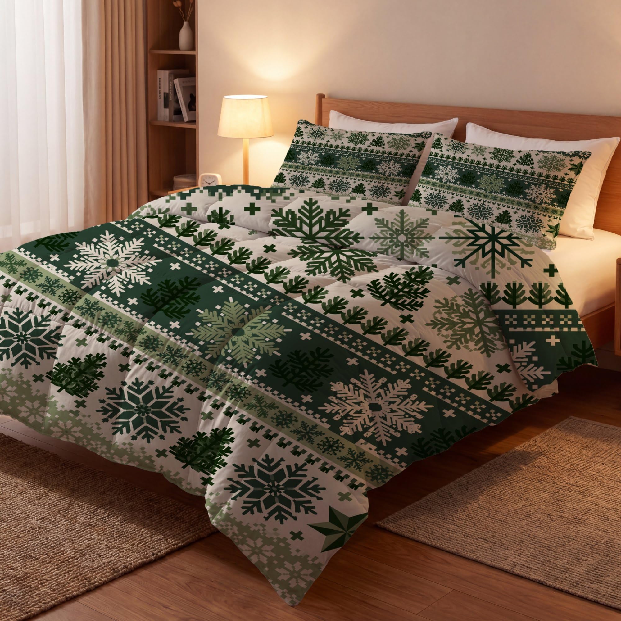 Tradycyjny świąteczny płatek śniegu, choinka, gwiazda, bez poszewki, king size (230 x 220 cm) 4,5 Tog, letnia kołdra z nadrukiem, dwustronny, lekki zestaw pościeli z 2 poszewkami na poduszki (50 x 75