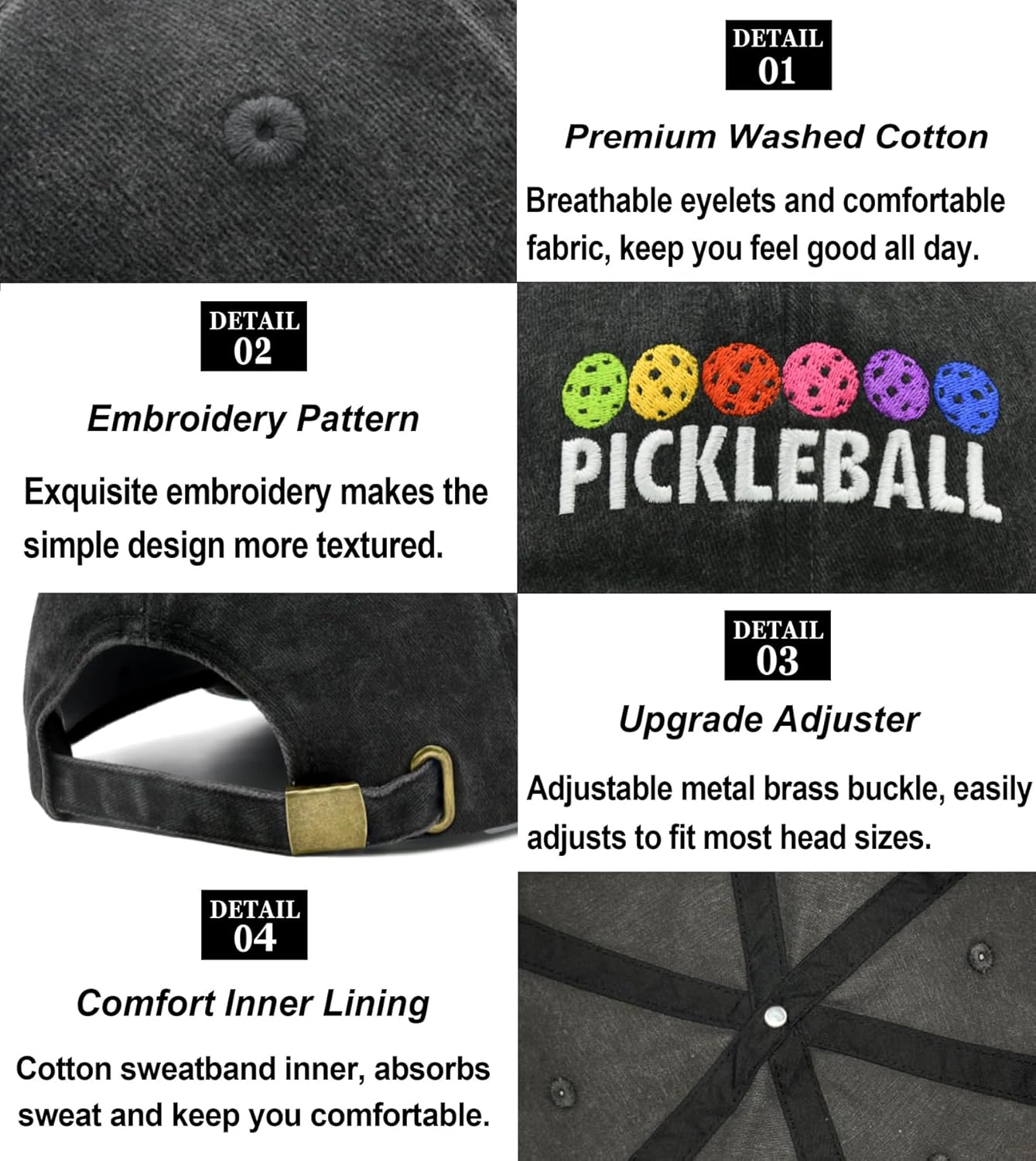 Pickleball Hat for Women Men, Gifts for Pickleball Lovers, Adjustable Embroidered Washed Baseball Cap - Image 6