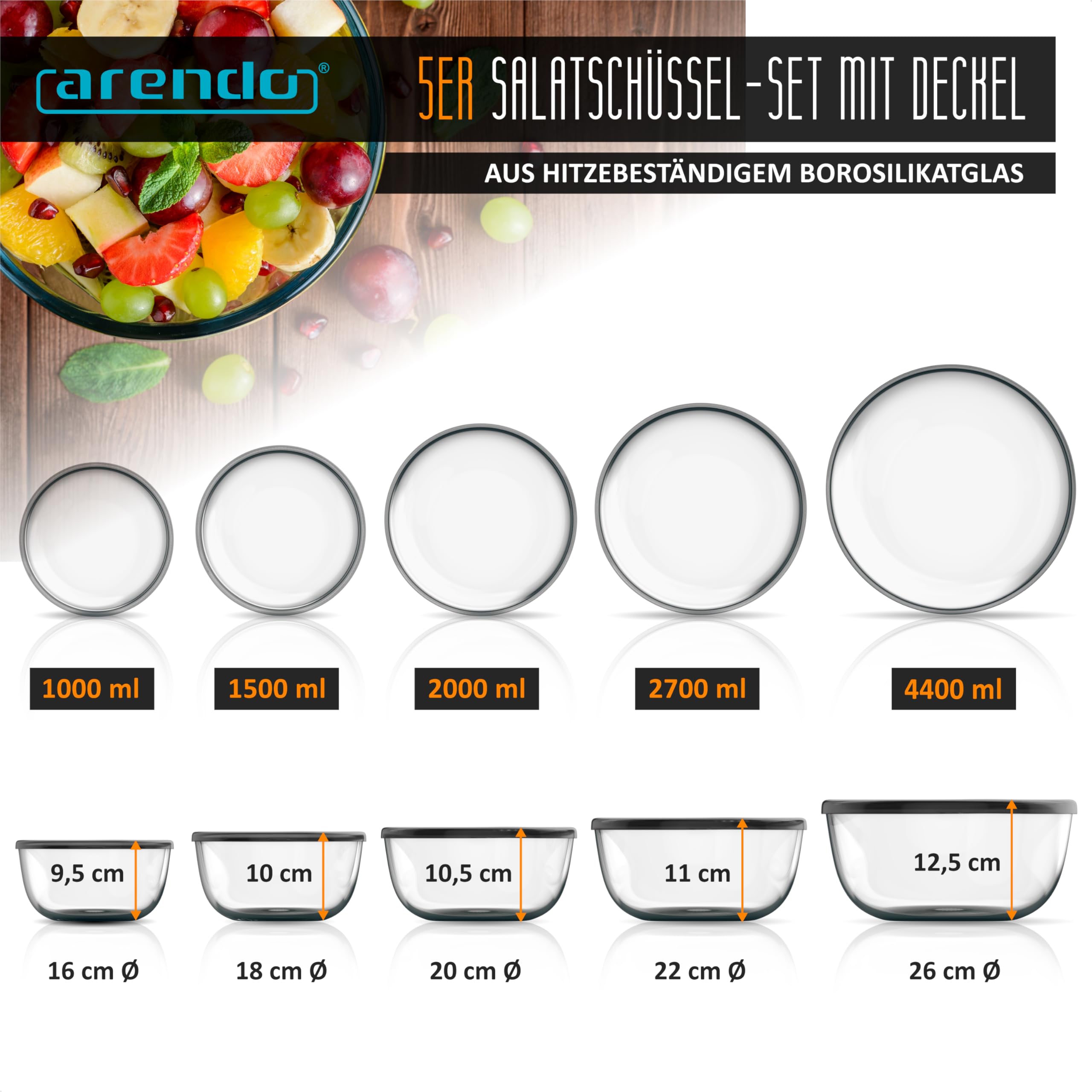 Arendo - Salatschüssel aus Glas mit Deckel - Glasschüssel 5er Set - 1000ml + 1500ml + 2000ml + 2700ml + 4400ml – Rührschüsseln klein bis groß – Borosilikatglas - Glasschale Salatglasschale