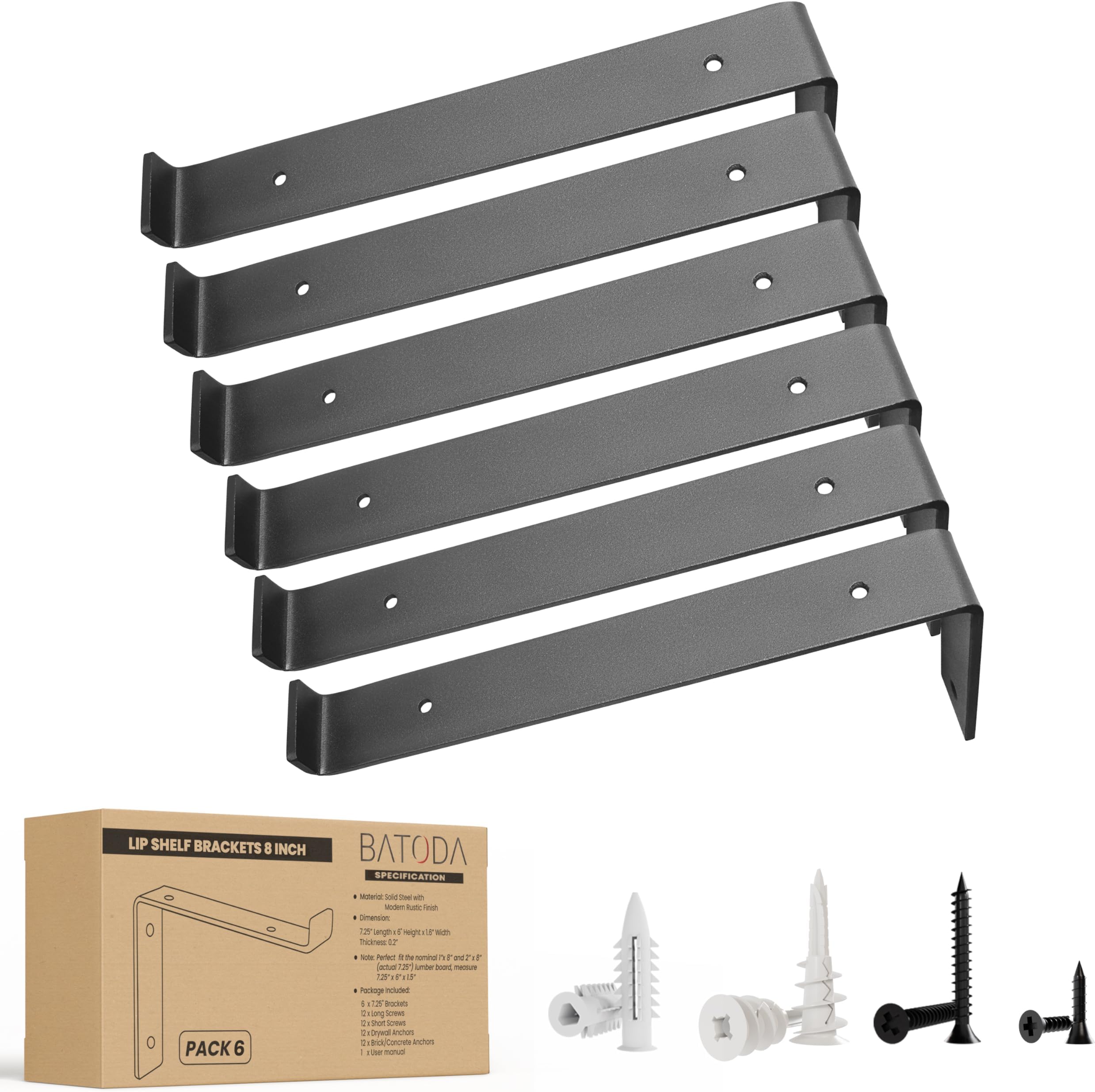 BATODA 8” Shelf Brackets with Lip (Match 7.25" Board) - 6 Pcs Z Shelf Bracket Black - Heavy Duty Hook Brackets for Shelves - Wall Mounted Support for DIY - Shelving Hardware Included (Pack 6)