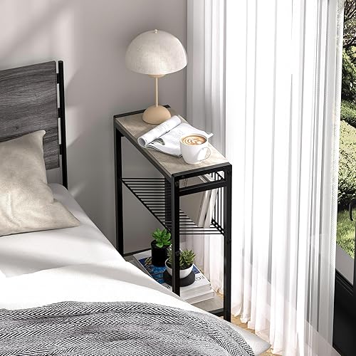 Miniatura 2 de Mesa auxiliar pequeña para espacio pequeño, mesa auxiliar estrecha de 3 niveles con soporte para revistas, mesita de noche delgada, mesa de sofá