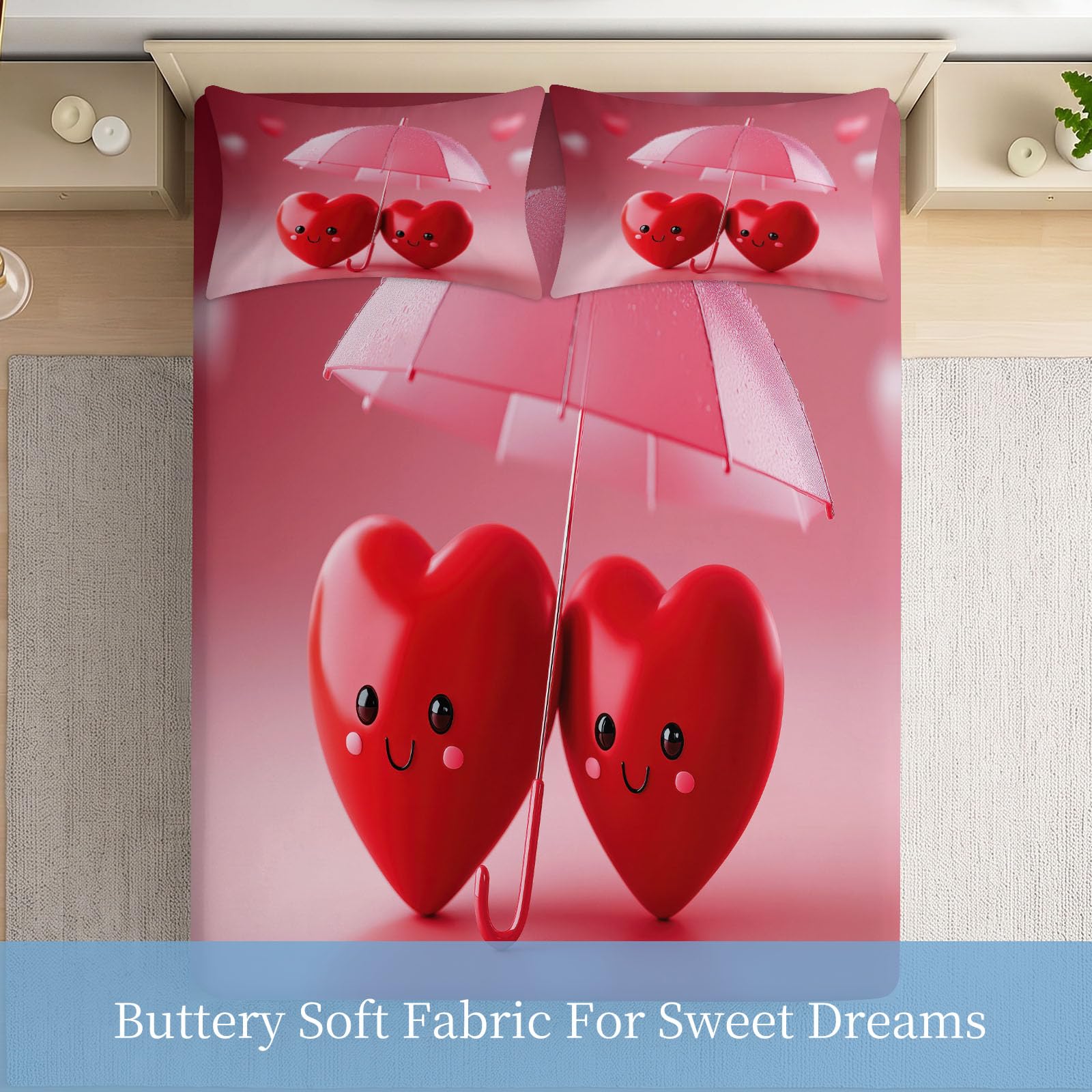 Romántica sábana encimera rosa 140 x 200 cm, amor corazón paraguas