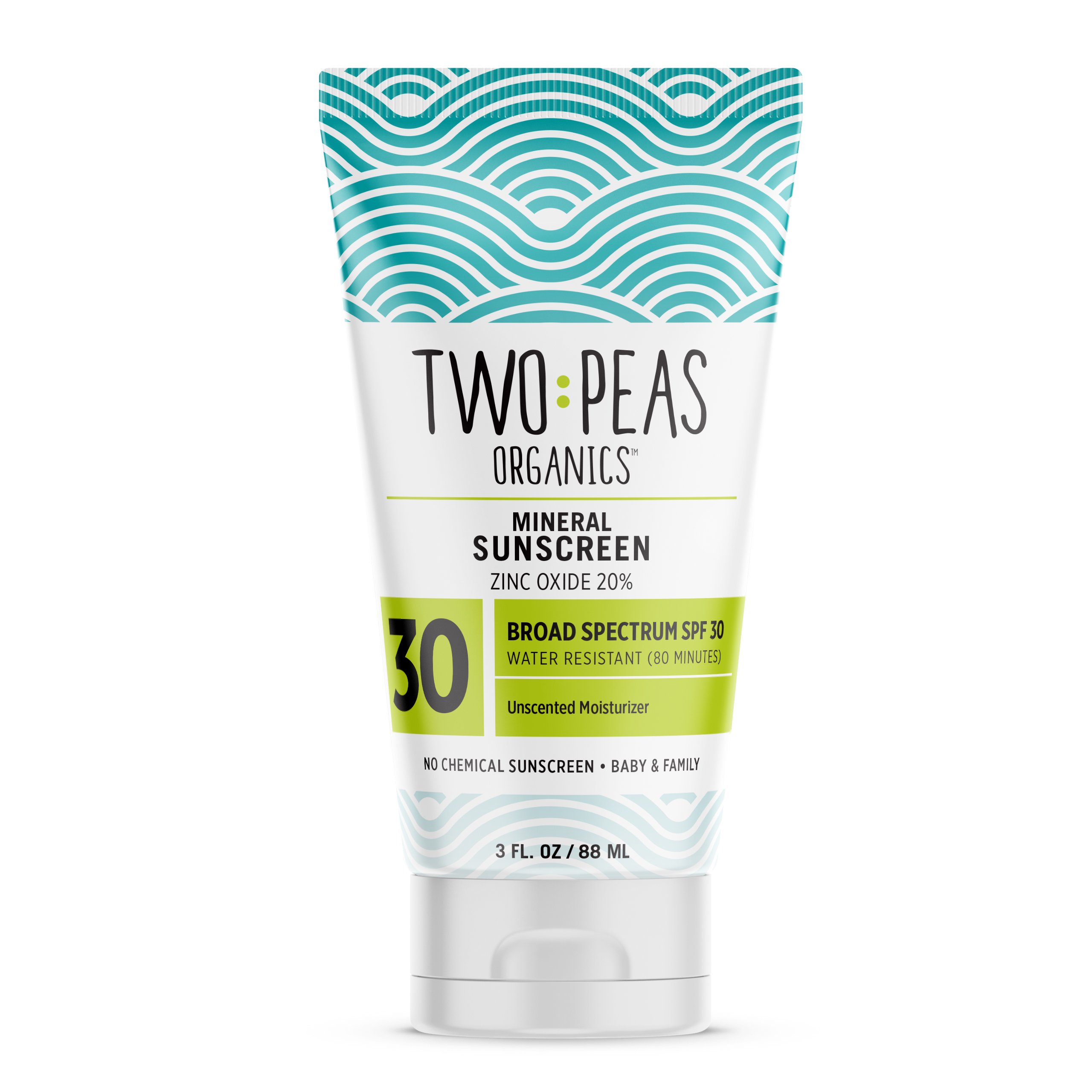 Two Peas Organics - All Natural Organic SPF 30 Sunscreen Lotion - Coral Reef Safe - Baby, Kid & Family Friendly - Chemical Free Mineral Based Formula - Waterproof & Unscented - 3oz (1 Pack)