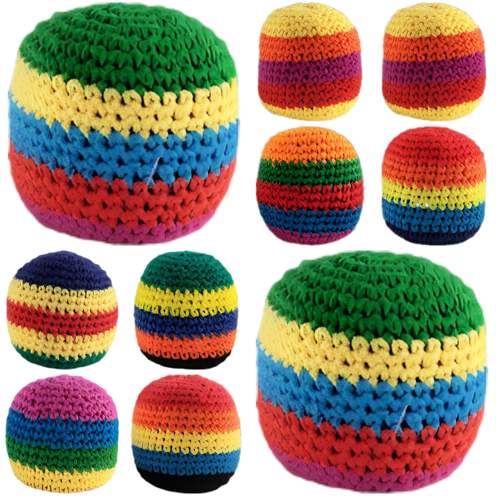 12 Stück Footbags-Set, handgehäkelte Footbags mit Regenbogenstreifen, weiche Häkel-Footbags, gewebte Jonglierbälle für Outdoor-Training, Fitnessübungen und Freizeitspiele im Freien