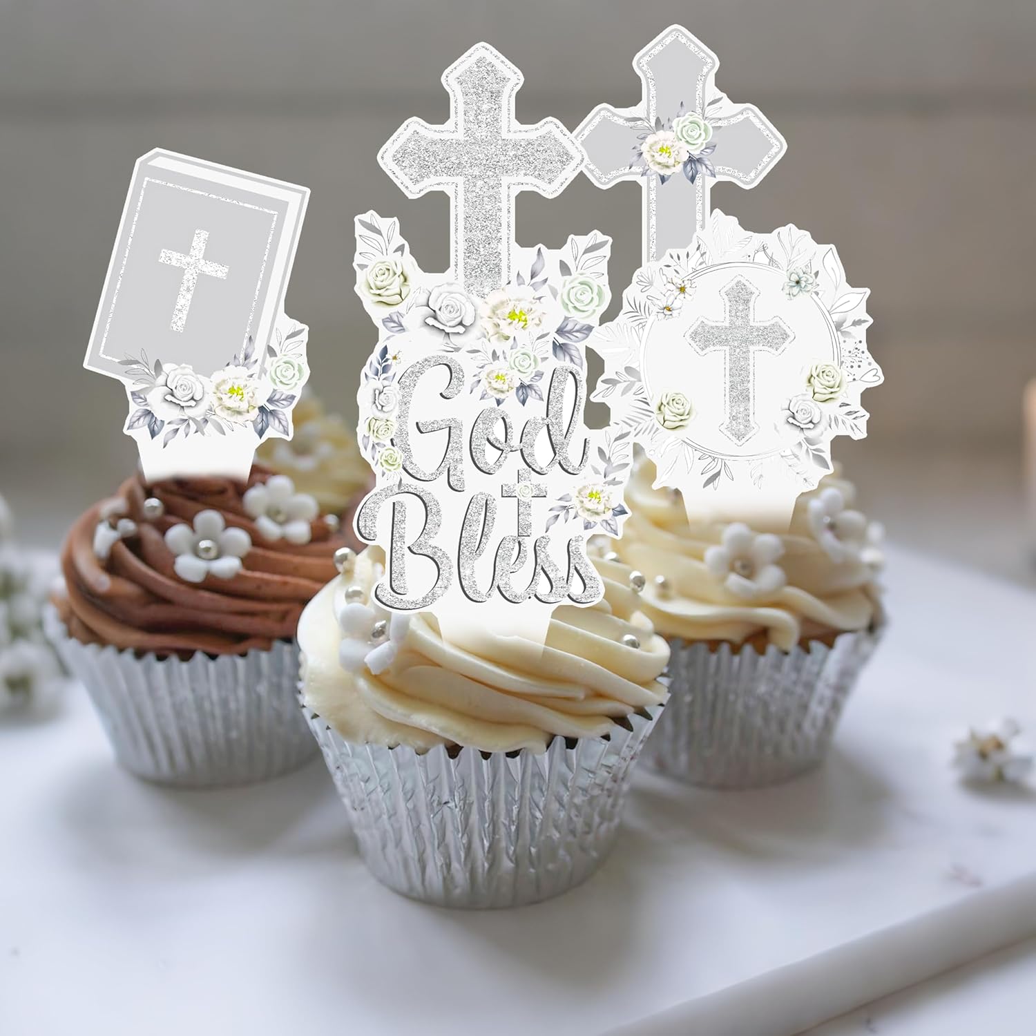 God Bless Floral Cupcake Toppers Silver Easter Cross Party Cake Decorations Christian Baptism Theme Party Decor 48Pcs Wreath God Bless Cupcake Picks for First Holy Communion Baby Shower Supplies