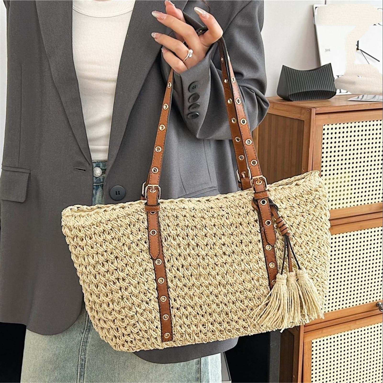 bolso mujer verano Bolsos de mano playa paja for mujer, bolso rafia trenzado for vacaciones, compras hombro Retro