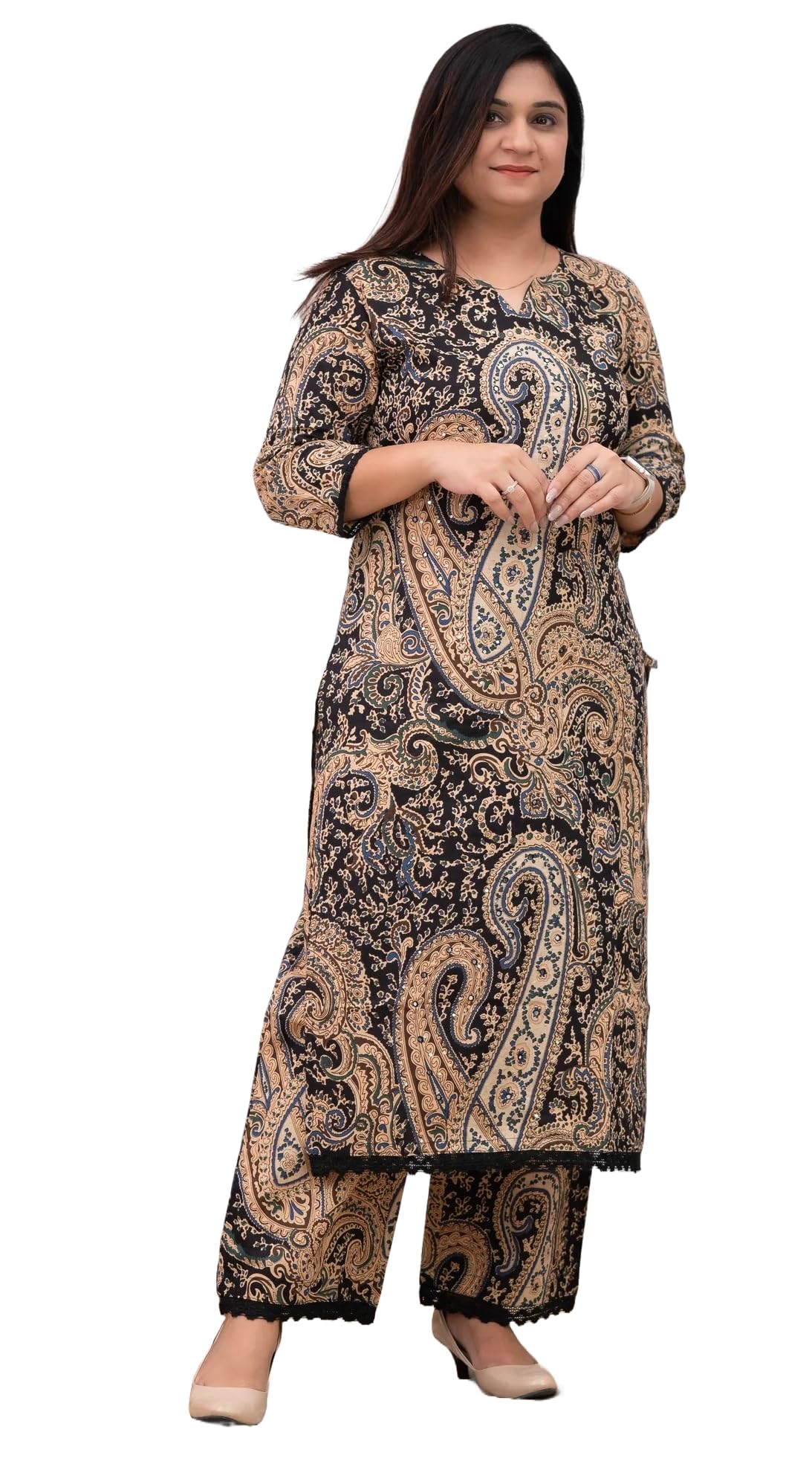 Nermosa Kalamkari Printed Straight Kurta Set For Women | Printed | Office Wear | (In, Alpha, Xl, Black)