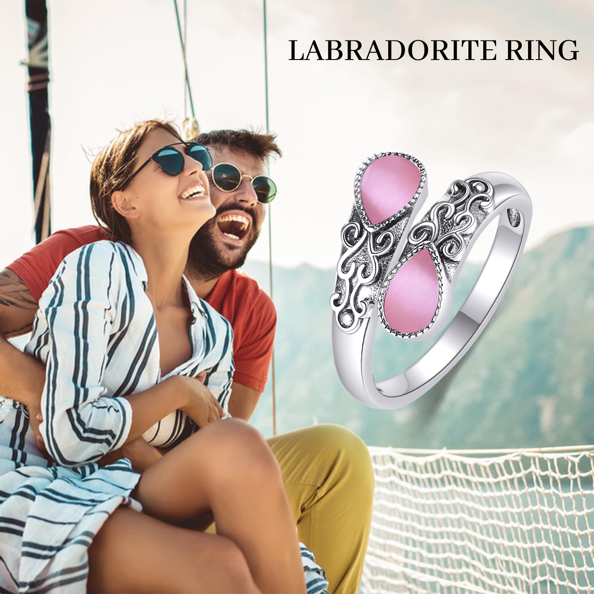Bague en pierre de lune pour femme - En argent sterling - Arc-en-ciel - Réglable - Cadeau pour fille