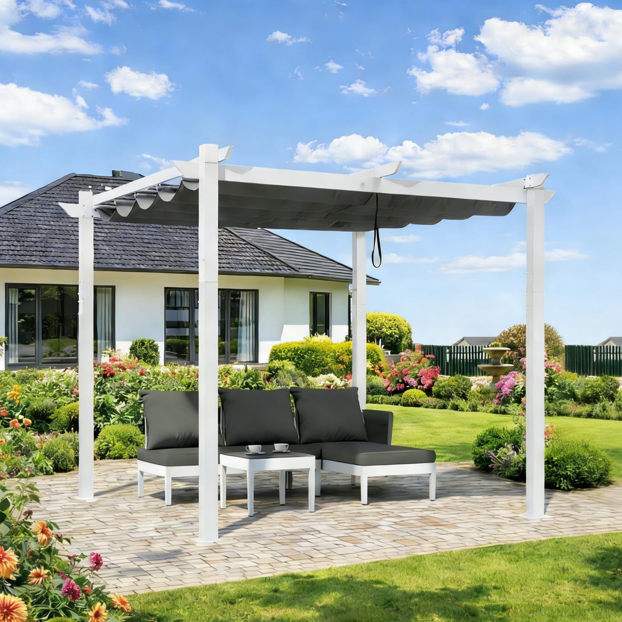 PURPLE LEAF Pergola 3 x 3 m aus Weiß Rahmen, Pavillon Aluminium Pergola Sonnenschutz Überdachung mit Einziehbarem Dach, Terrasse Pergola mit Markisenschutz, UV Beschattung, Grau