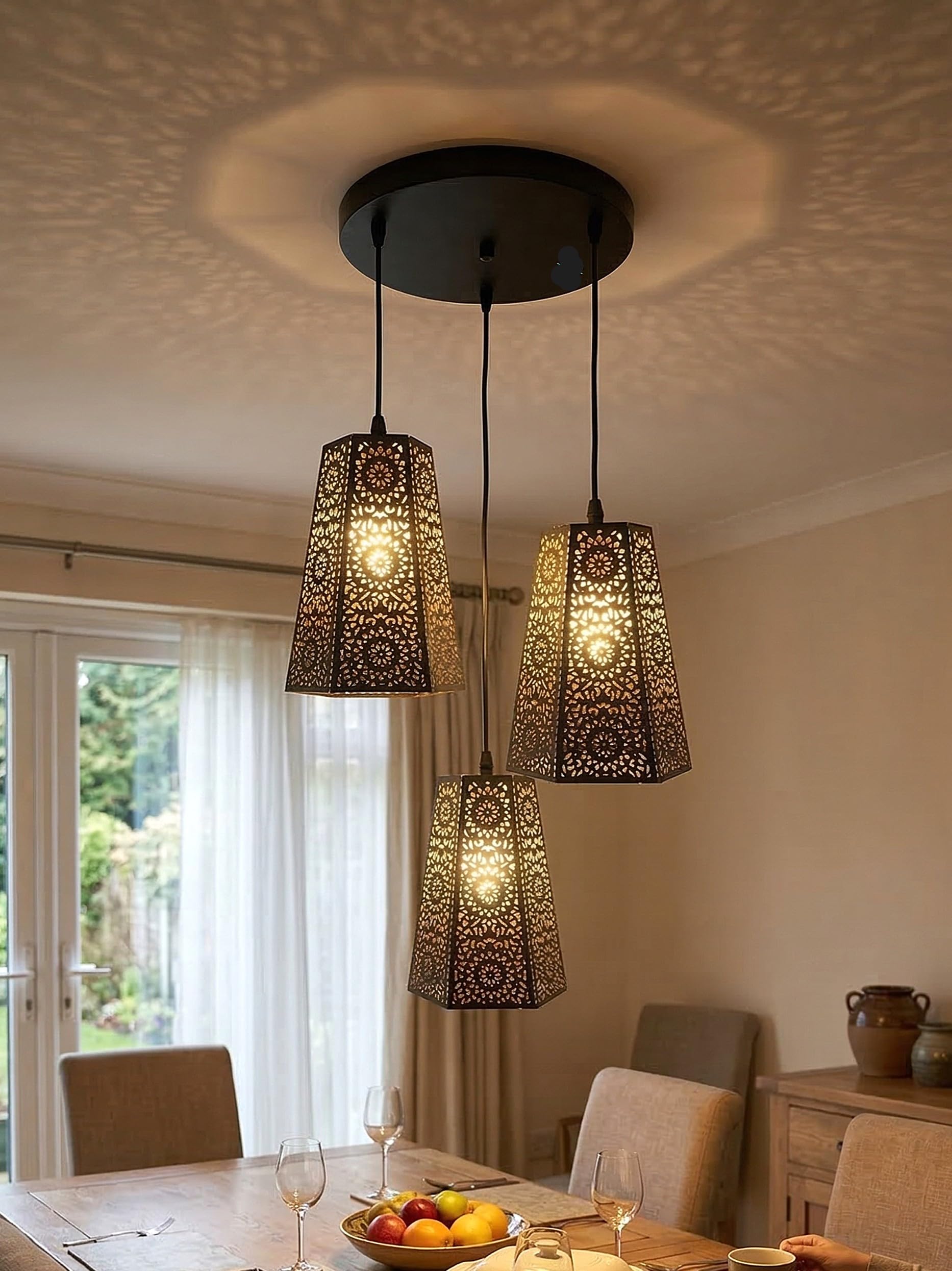 DECOHOME Rangoli Embroidery Hexagon Pendant Fixture | Artistic Metal Hanging Ceiling Lamp for Bedroom, Hall & Living Room | Ambient Decorative Illumination | Premium 3-Hanging Pendant Light Shades-image-0
