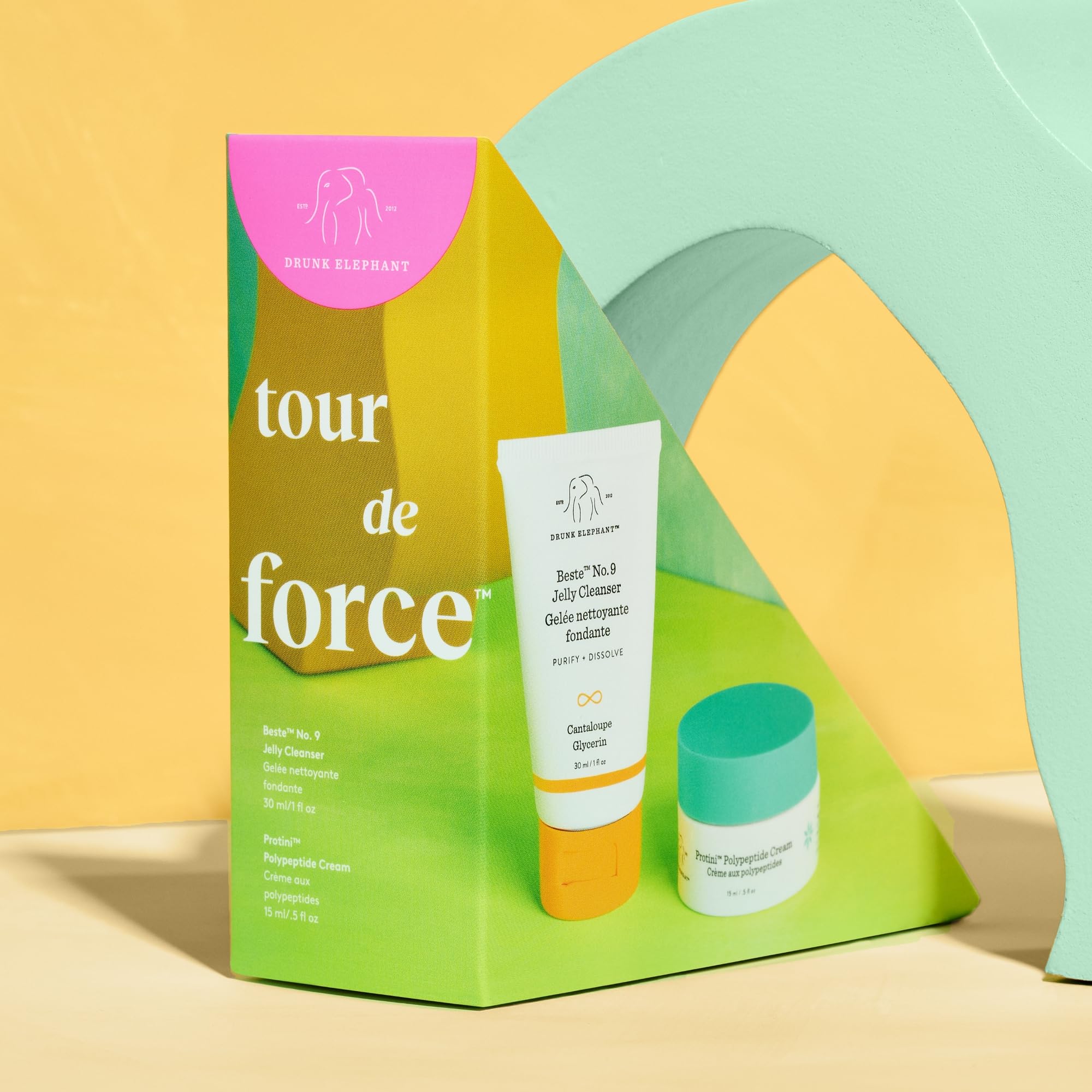 Drunk Elephant Tour de Force Travel Kit - Beste No.9 Jelly Cleanser (30ml/1 fl oz), Protini Polypeptide Cream (15 ml/0.5 fl oz) - Clean Clinical Skincare - Holiday Gift Set