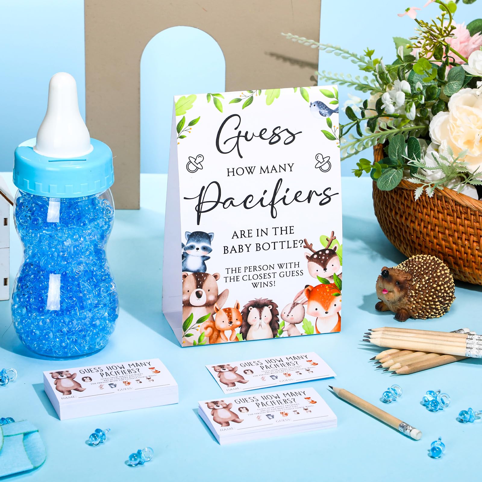 Roowest Babyparty-Spiele, "Guess How Many Pacifiers", Schild, 100 kleine Ratespiele, 10 HB-Bleistifte, 750 ml, Milchflasche, 400 Acryl-Schnuller, Dekoration für Gäste, Geschlecht enthüllt (hell, Wald)
