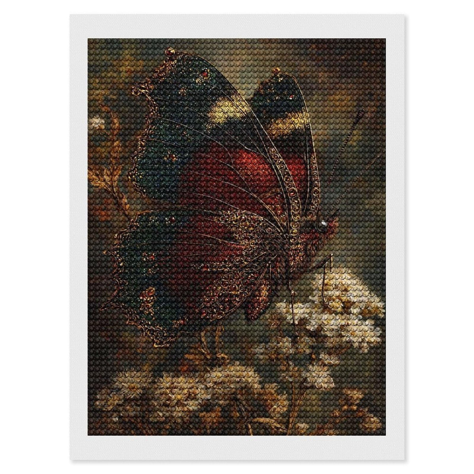 Junmoney Ornate Butterfly on Flowers Diamond Painting Set 12"x16", for Beginners, Modern Decor, Simple to Start, Gift Idea, Pleasing Wall Art Project