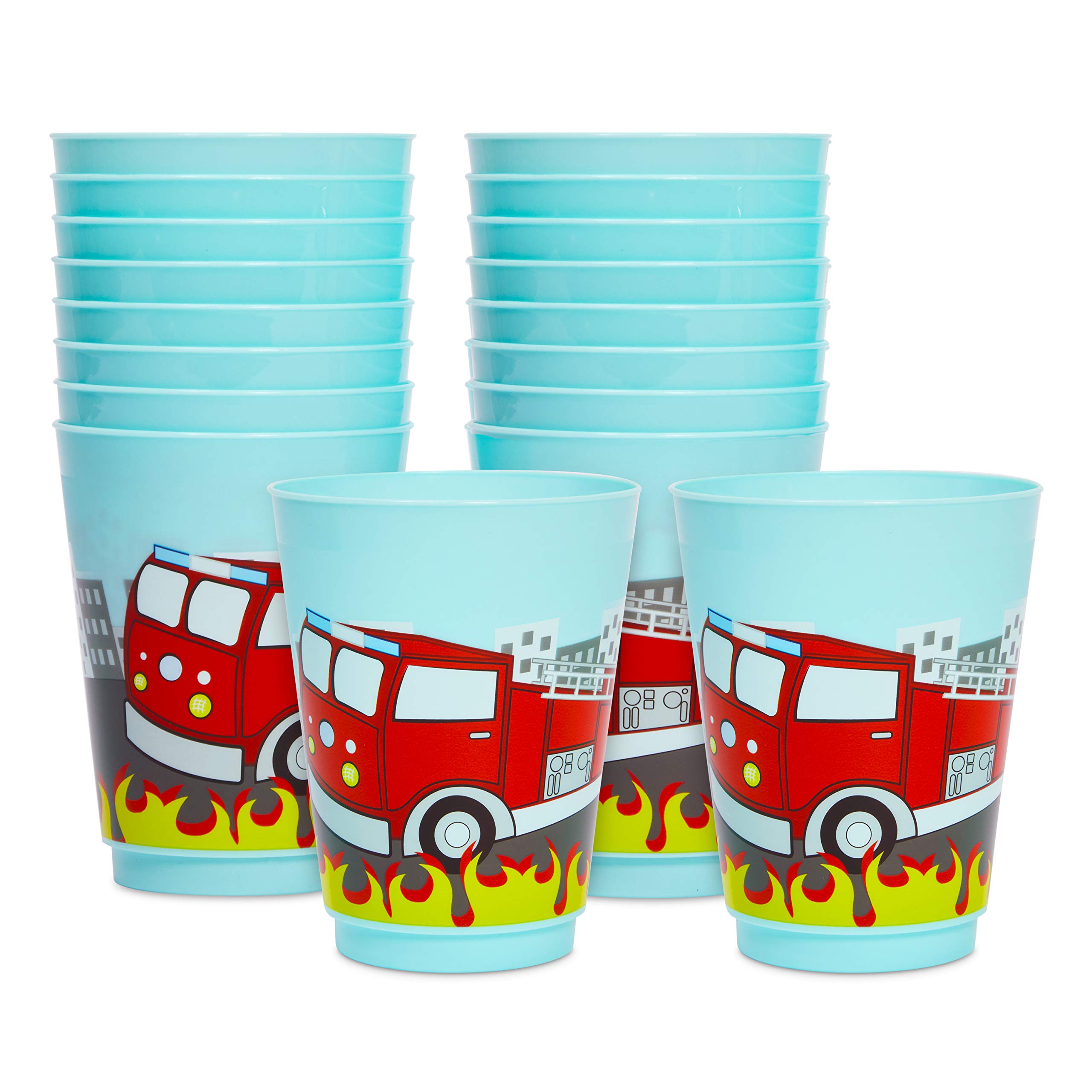 BLUE PANDA 16 Pack Plastic Fire Truck Cups for Kids, Firefighter Party Favors for Birthday Supplies, Firefighter Party Decorations, and Firetruck Birthday Decorations (16 Oz Reusable Cups)