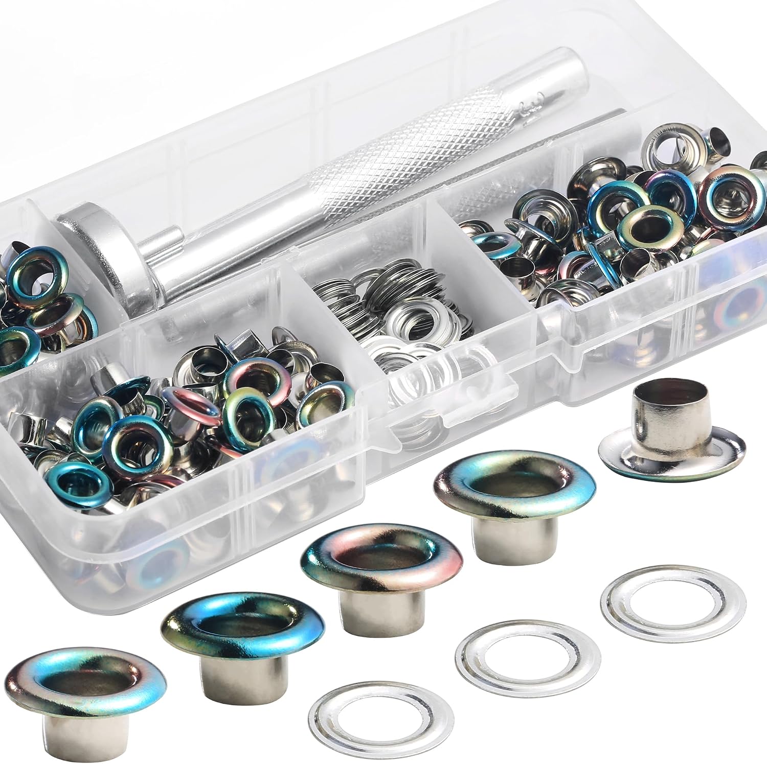 YORANYO 150Sets 5mm 3/16 Inch Grommets Eyelets Kit for Fabric AB Color Sewing Eyelets Grommets Washers with Setting Tools for Clothing Bags Shoes Belts Bags Dog Collars Curtain Tarps Canvas