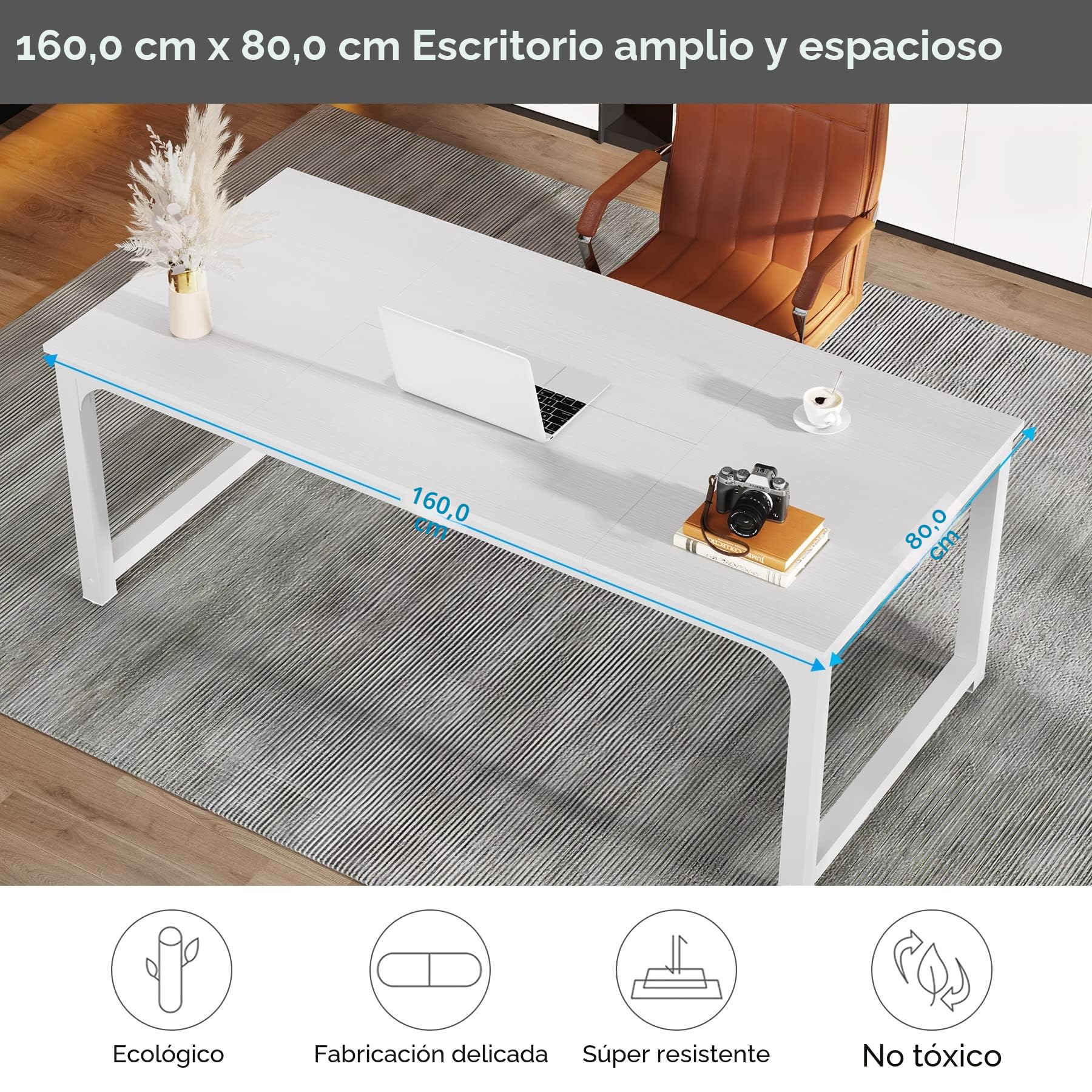 Tribesigns Mesa Escritorio, Escritorio de Estudio para Oficina en casa, Escritorios de Estilo Moderno para Dormitorio, Montaje Sencillo (160 x 80 x75 cm, White)