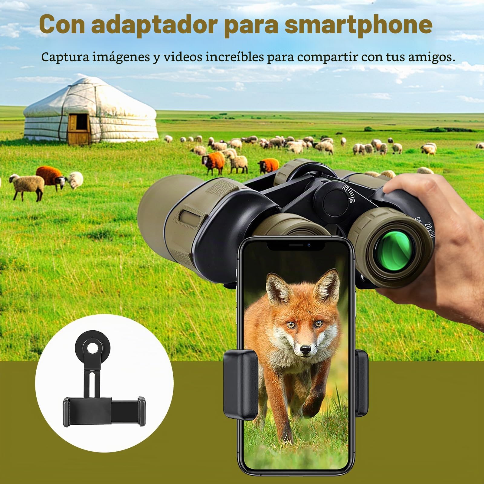 Prismáticos 20x50 para Adultos con visión Nocturna Prismáticos HD Impermeables con Prisma BAK4 y Lente FMC Telescópicos Portátiles para Observación de Aves y Conciertos con Adaptador para Smartphone