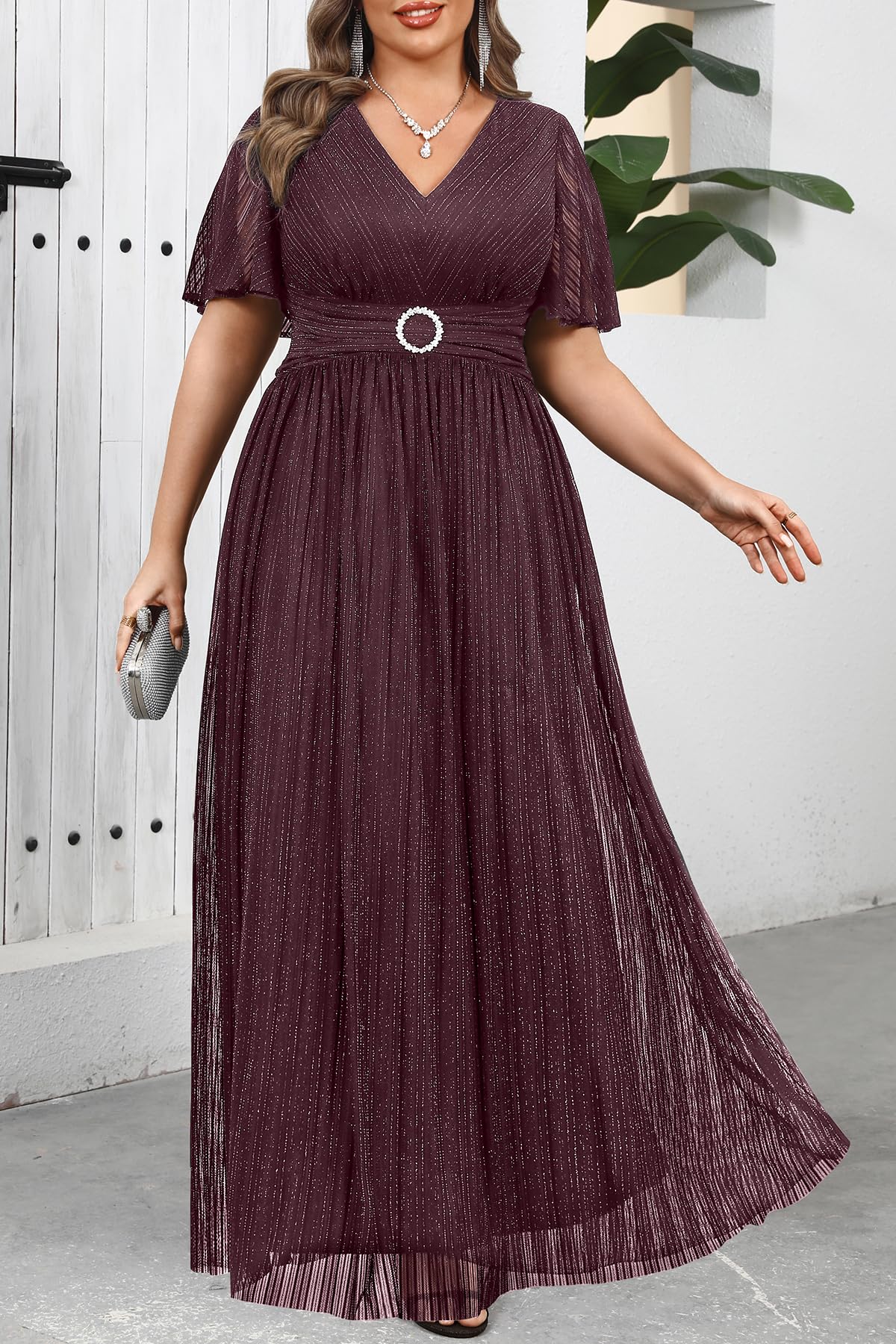 Plus Size Formal Dresses - Wedding Guest Evening Gown Sparkly Sequin Prom Gala Ball Maxi Dress with Short Sleeves