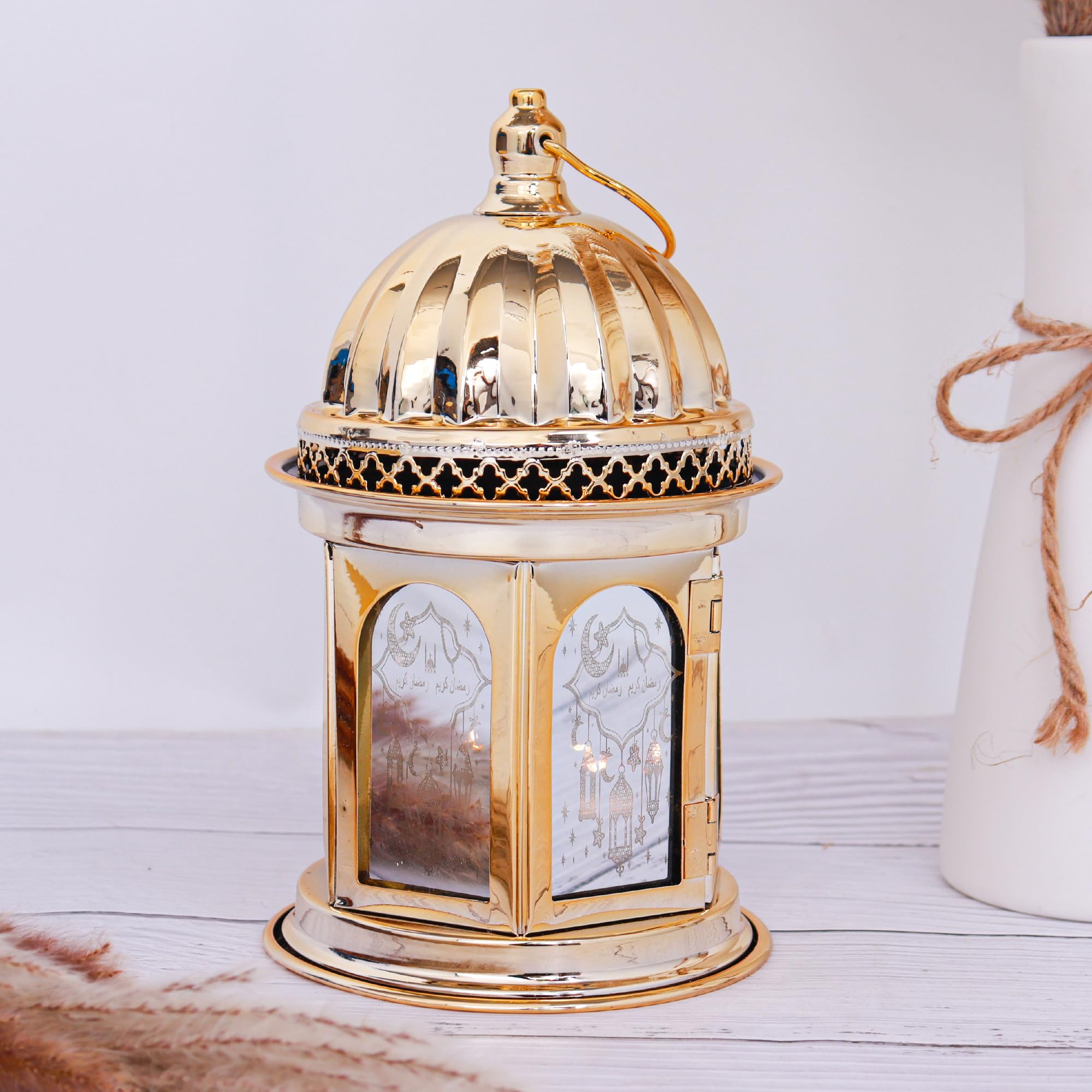 lampion ramadanowy, świąteczne lampiony dekoracyjne, złoto, metal, plastik