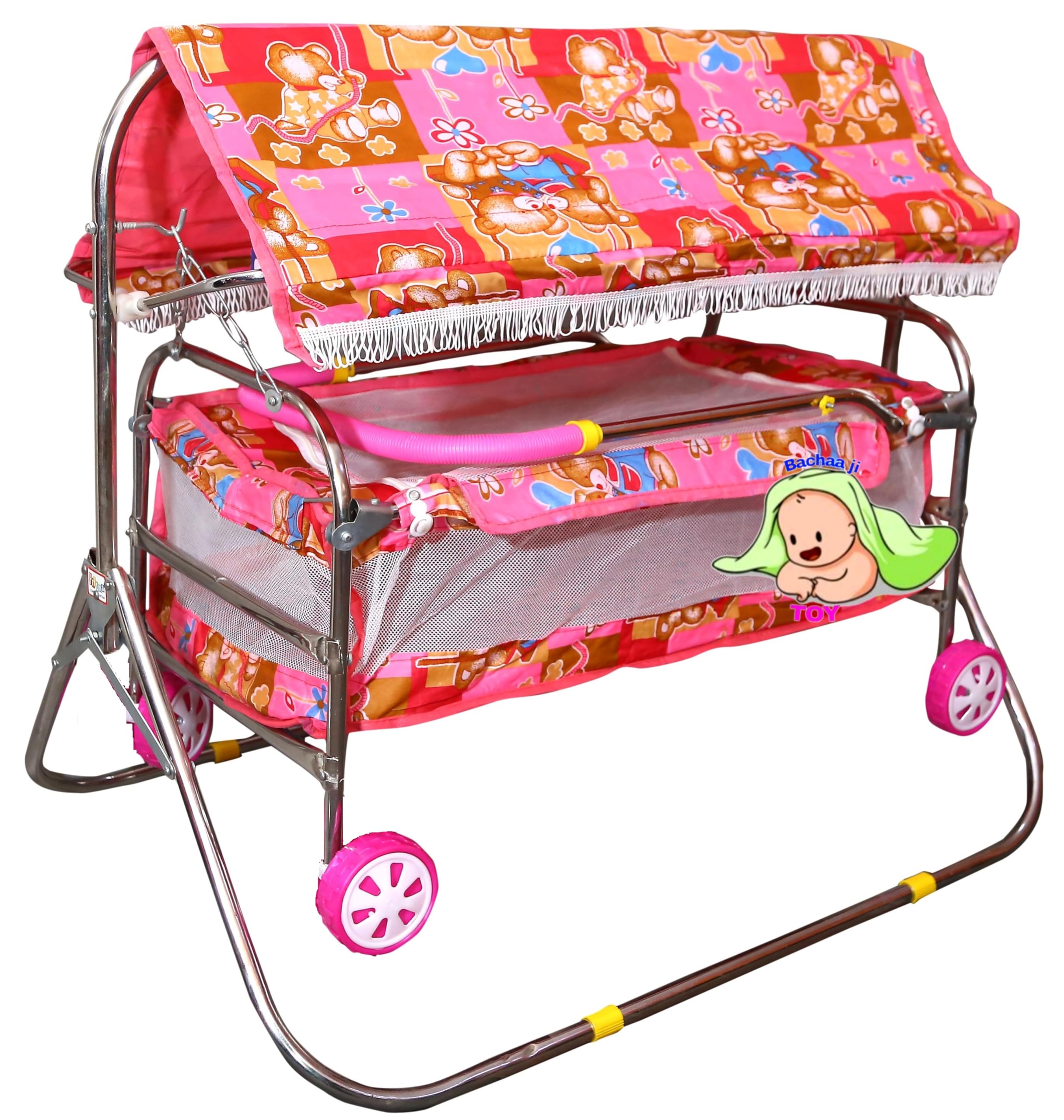 BACHAA JI TOY Baby Cradle for Newborn Babies with Deluxe Comfortable Kids jhula palna Swing with Foldable Design with Canopy for 0 to 2 Years .Pink Colour baggi for Boys and Girls (Rose Pink)