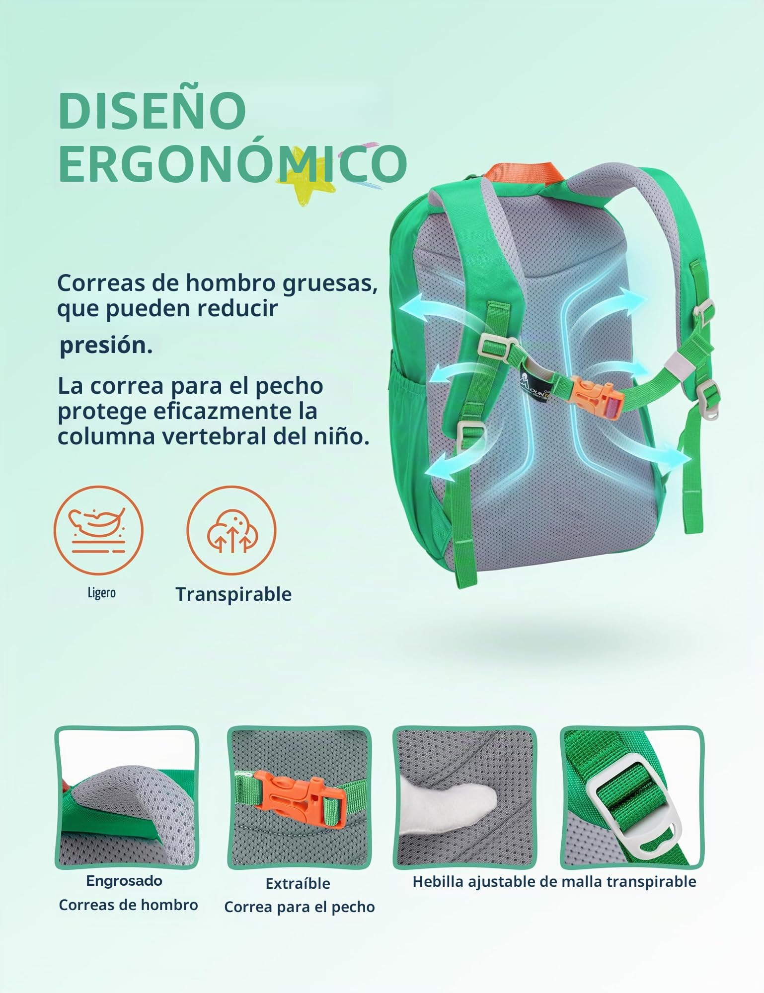 MOUNTAINTOP Mochila Infantil Senderismo Escolar 18L Niños Niñas | Perfecta para escuela senderismo y acampada, correa de pecho ajustable, cremalleras YKK, espalda acolchada transpirable