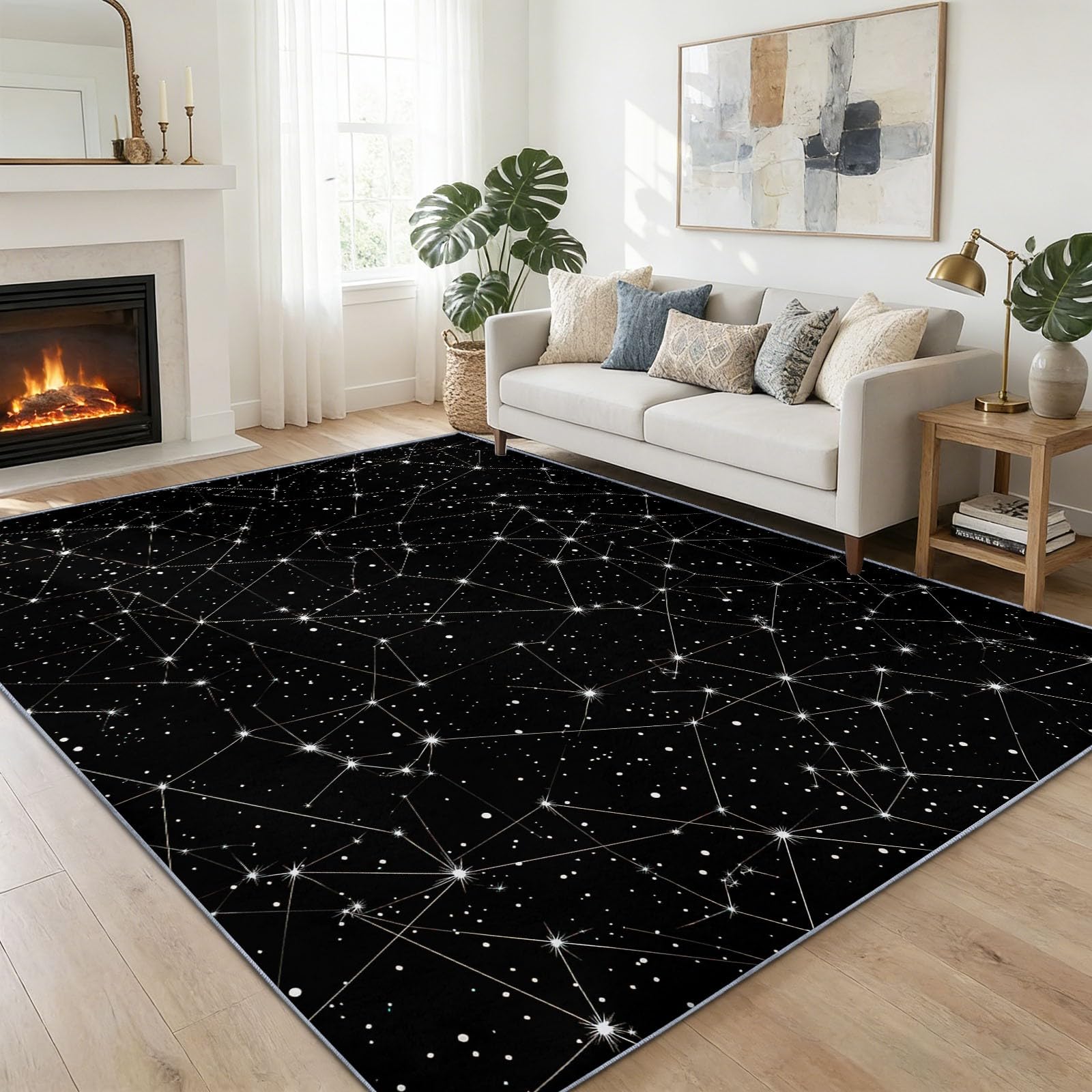 Traumhafter Nachthimmel Teppich Waschbar Weiße Linien Sterne Teppich 120 x 170 cm, Weiche Niedriger Teppiche rutschfest Waschbar Pflegeleicht Teppiche Für Wohnzimmer Schlafzimmer Küche
