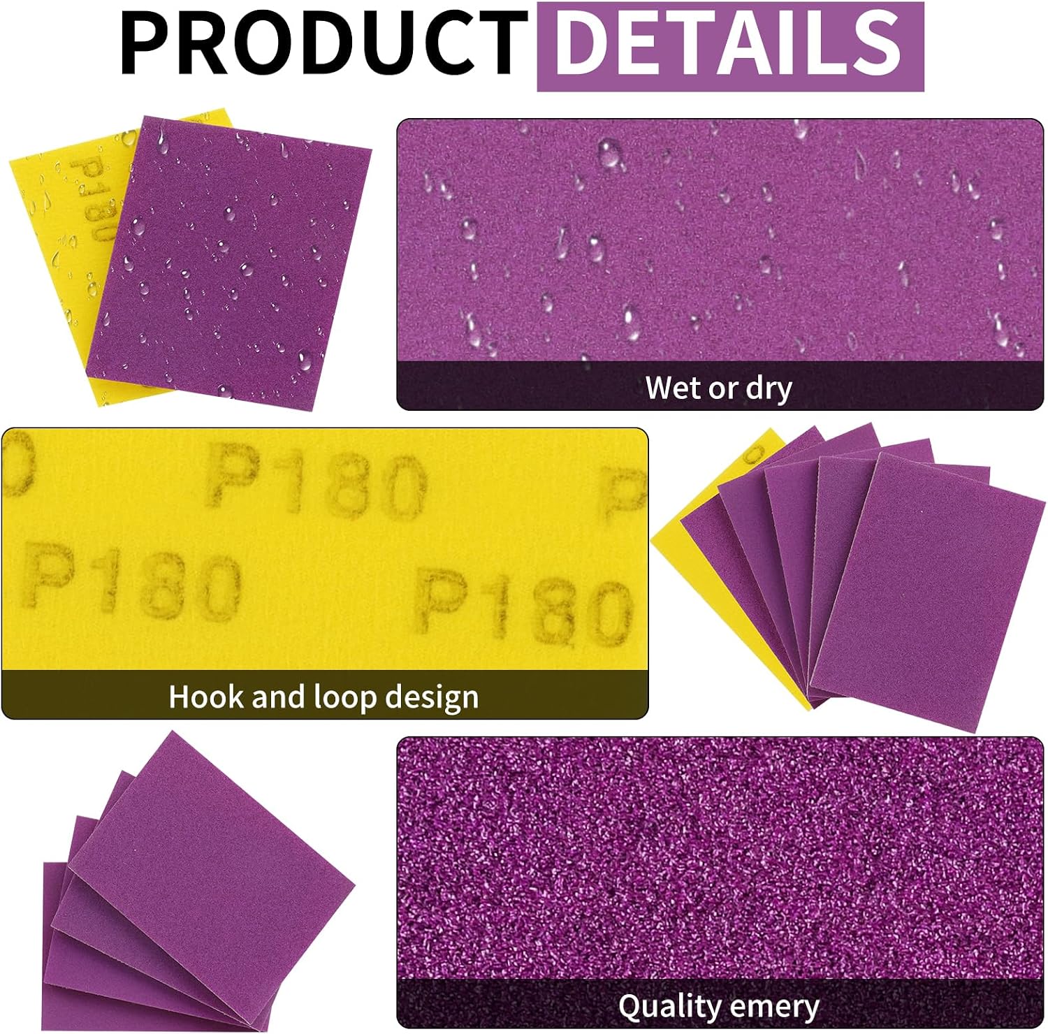 3 x 4 Inch Hook and Loop Sanding Sponge Purple Alumina Abrasive Sanding Pads Flexible Softback 150/180/220/320/400 Grit Wet or Dry Sand Paper Reusable Hand Sanding Block for Wood Metal Drywall, 20Pcs