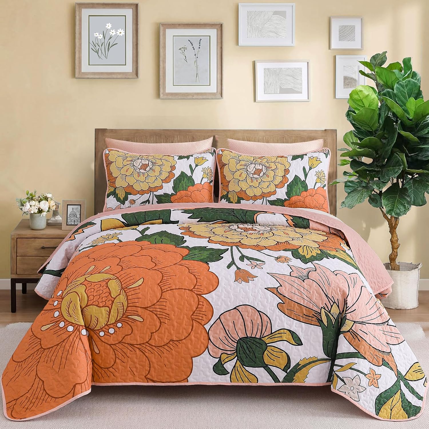 DJY Boho Floral Quilt Set Queen Size 3 Piece, Botanical Reversible Farmhouse Bedspread Coverlet White and Orange Floral Bedding Soft Microfiber Summer Quilt Bedding Set All Season (96''x90'')