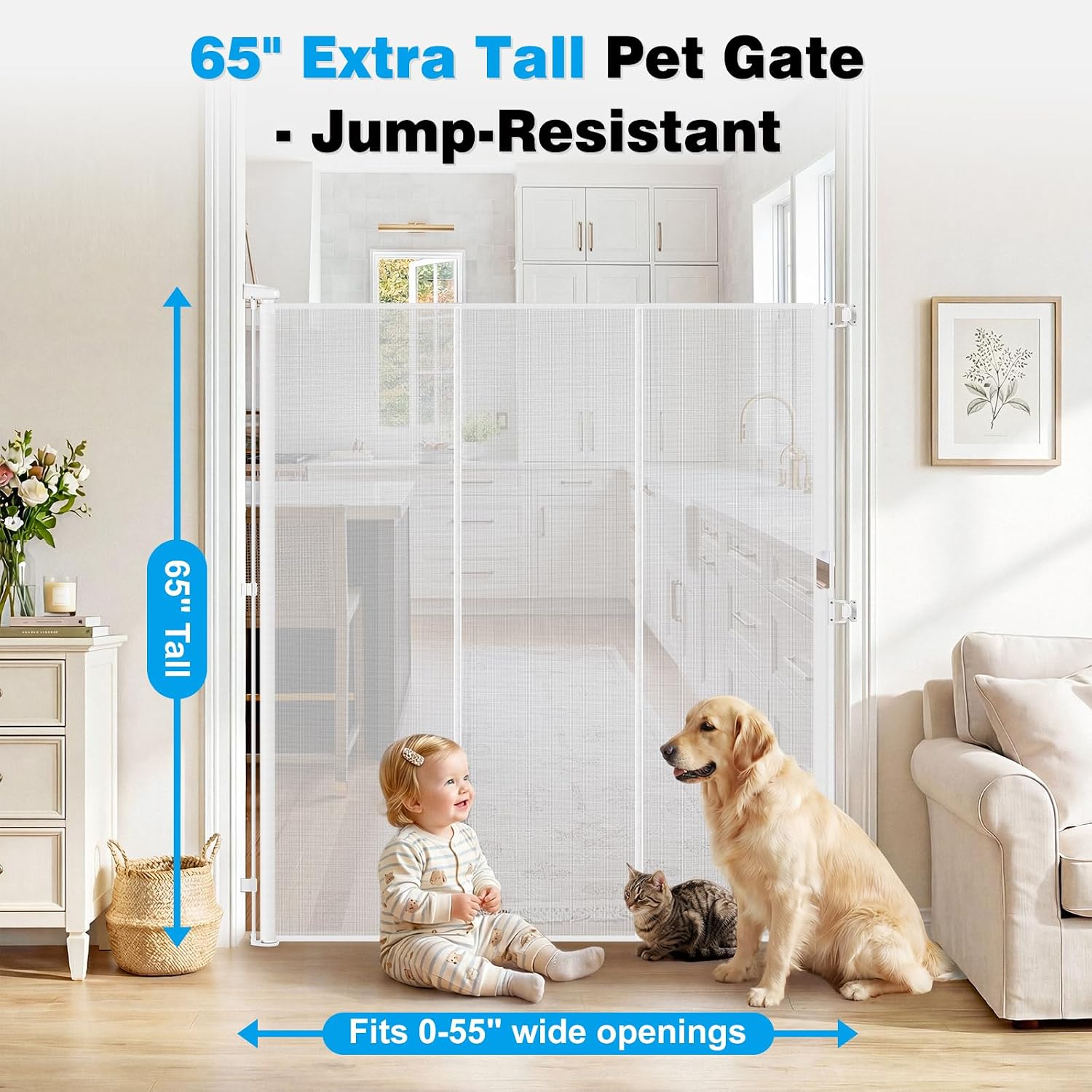 Reinforced 65" Extra Tall Baby Gate for Doorway, Jump-Resistant & Prevent Crawling Underneath Retractable Dog Gates Extra Tall, 0-55" W Retractable Pet Gate for Pet, Dogs, Cats, Puppies, Babies, White