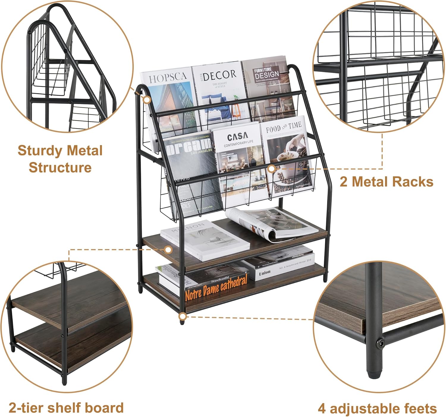 VECELO Magazine Rack FloorStanding,Magazine Display Stand Brochures Newspaper Holders,with 2 Shelves Board for Office,Library,Exhibition Hall,Hospital Indoor&Outdoor,Grey
