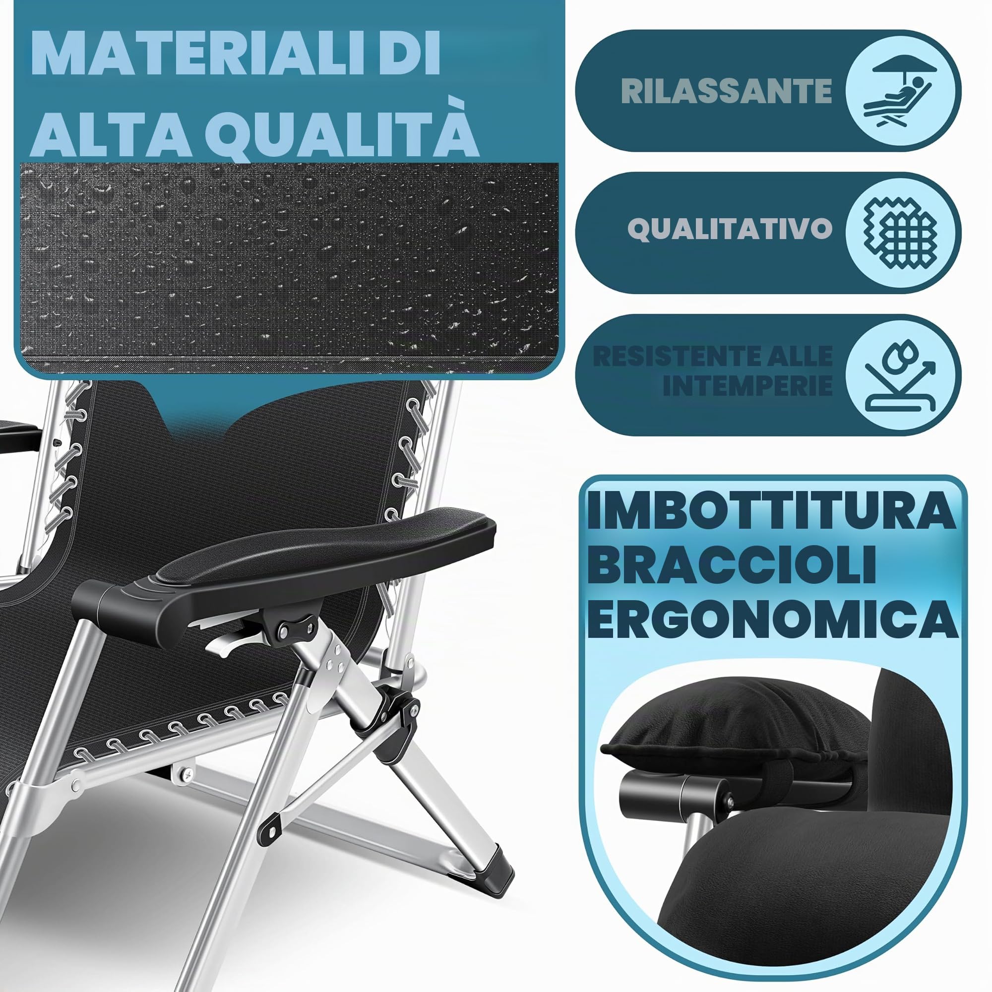 KESSER® Lettino XXL - pieghevole, Resistente alle Intemperie, Portata 200 kg, Rivestimento ergonomico, Schienale regolabile, Portabicchieri e Cuscino per le Braccia, Con Tenda - Nero