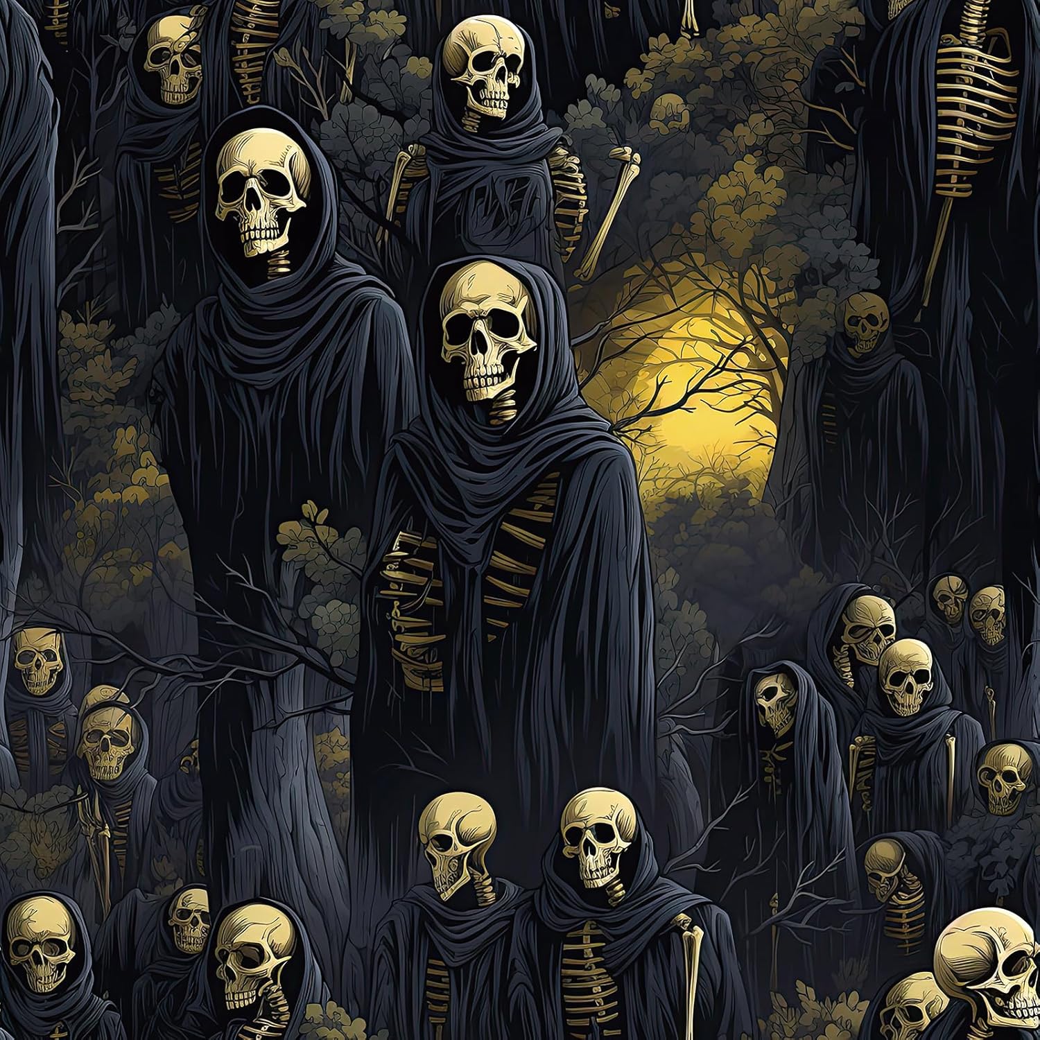 Stickyart 17.5"x276" Gothic Peel and Stick Skeleton Wallpaper for Wall Halloween Macabre Skull Eerie Forest Contact Paper Self Adhesive Skeleton in Black Robes Wallpaper for Living Room Bedroom Decor